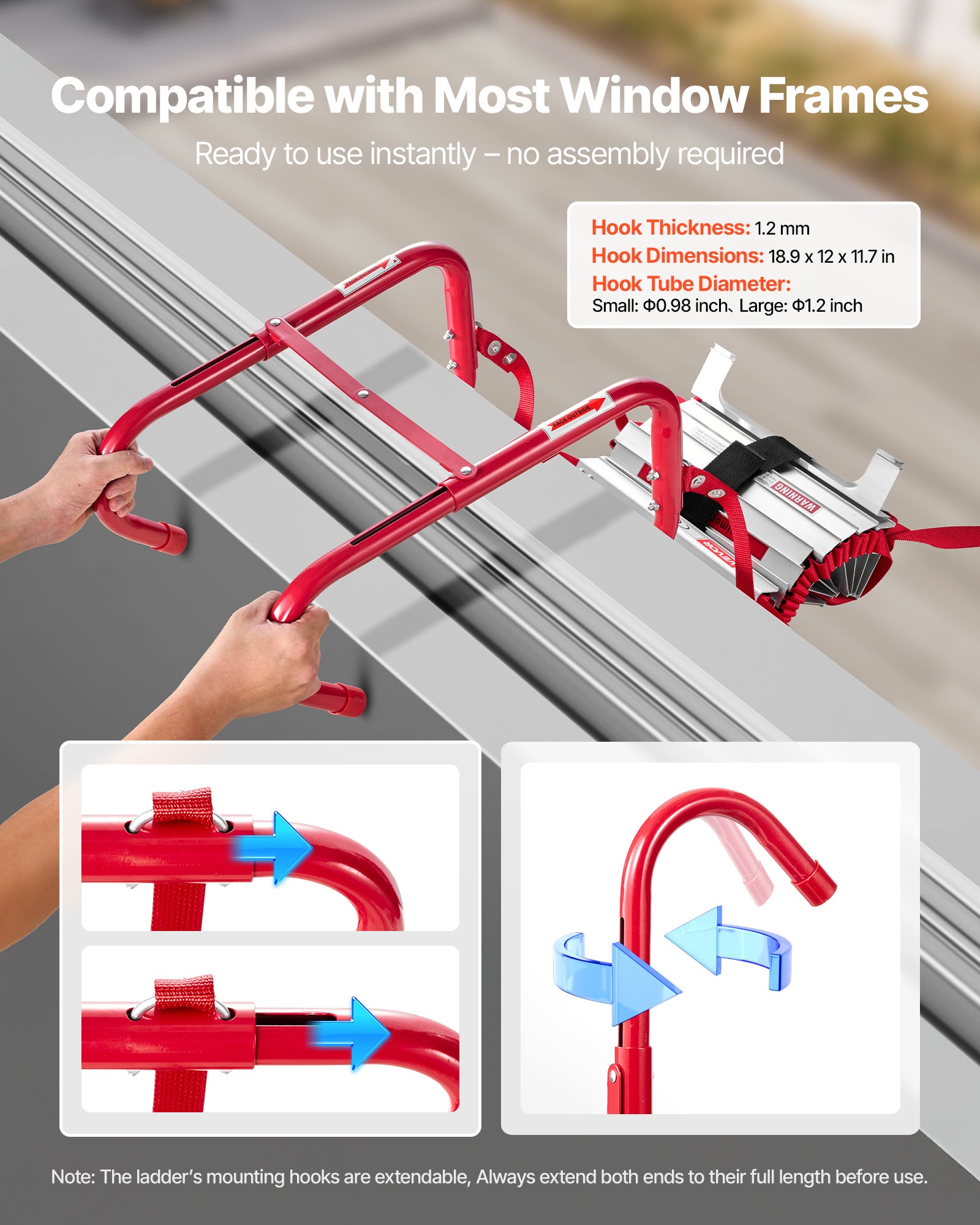 Échelle de Corde VEVOR 15,2 m, Échelle de Secours Incendie Rétractable 5 à 6 Étages en Alliage Aluminium, Capacité de Charge 453,6 kg, avec Sangle - 2
