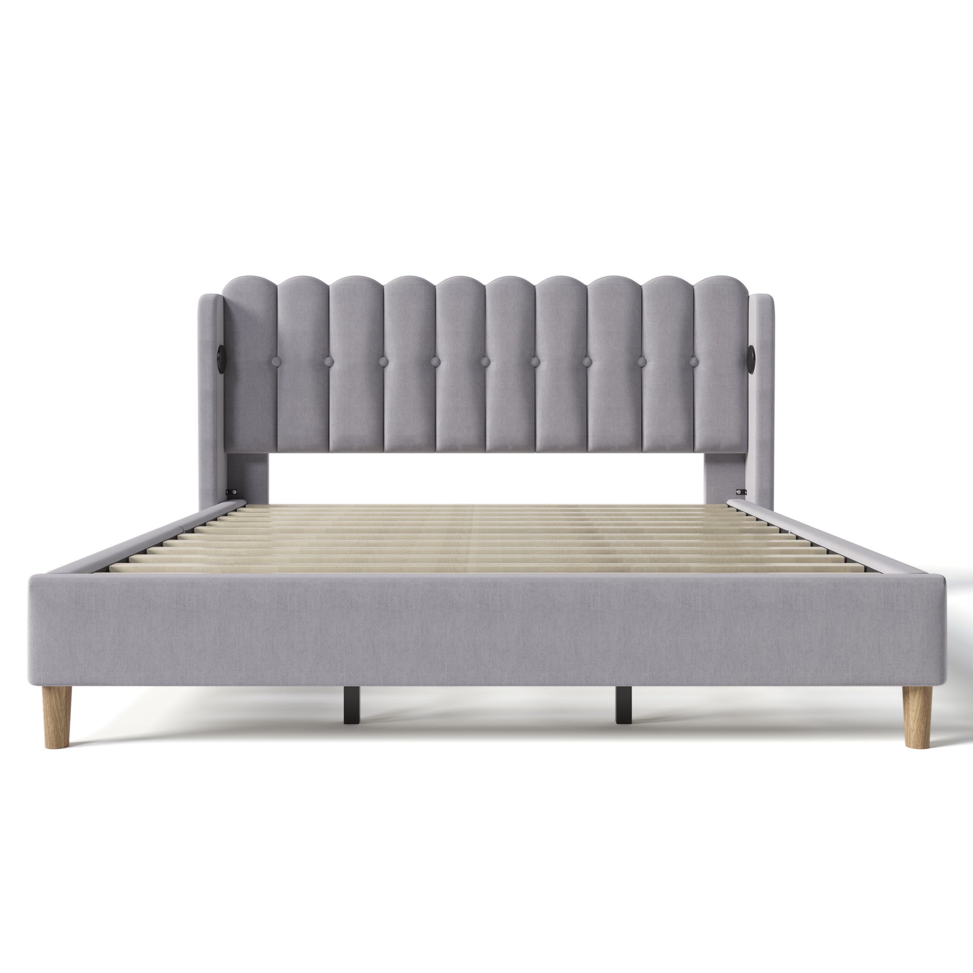 Lit double 180x200 cm tête de lit rembourrée avec chargement USB Type-C sommier en lin gris (sans matelas) - 2