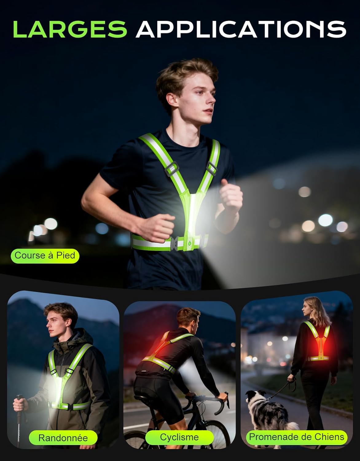 Gilet Réfléchissant Running Éclairage Intégré - Alternative Lampe Frontale - Sécurité Ajustable Course Nocturne Cyclisme - 7