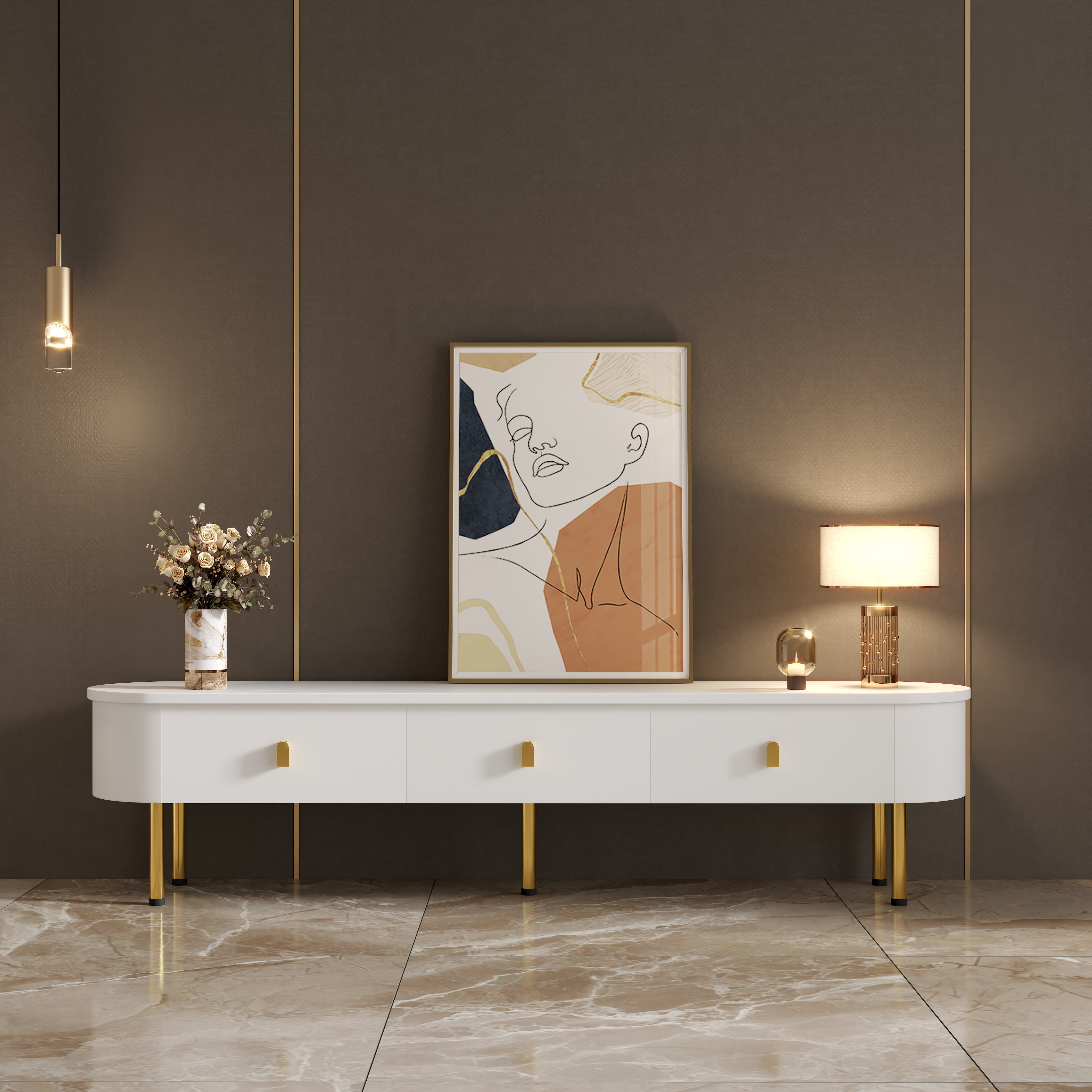 TV-Schrank Lowboard z szufladami - złote uchwyty i nogi, zaokrąglone krawędzie - 174 cm - MDF biało-złoty