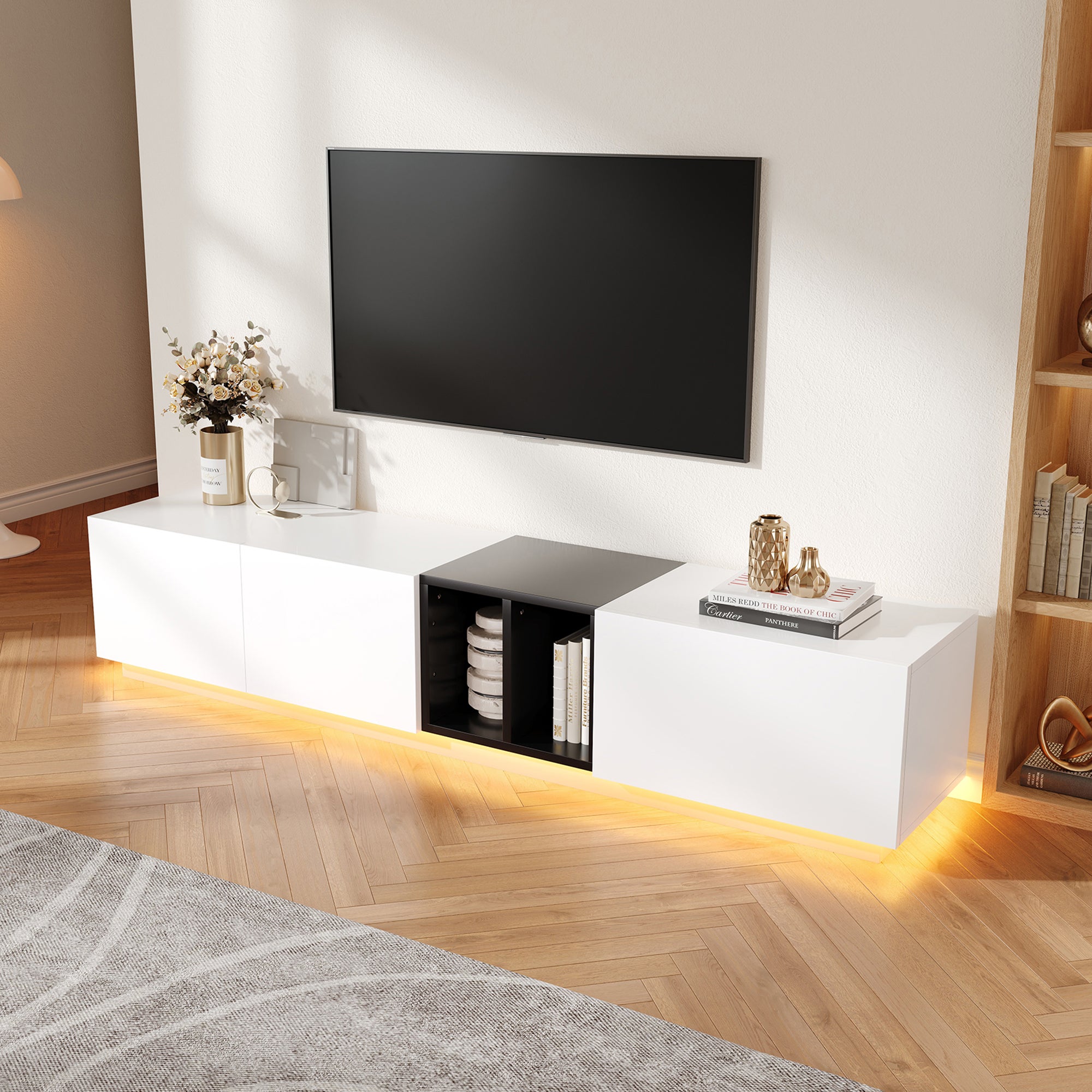 TV-Schrank Schwarz-Biały z Szufladami i Regałami, 190x40x35cm, Drewno Wykonane, do Salonu