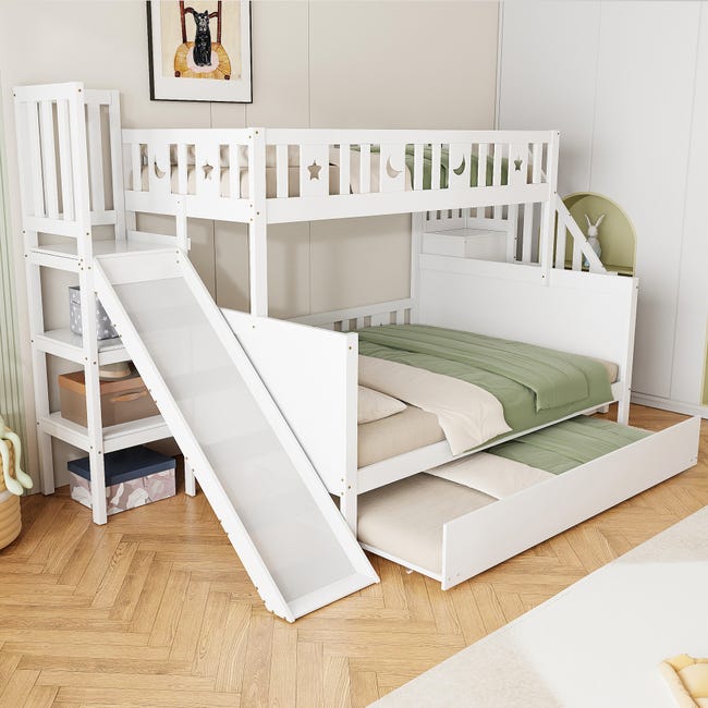 Litera Infantil De Madera Maciza Con Tobogán Y Estantería - 90x200 Cm Arriba, 140x200 Cm Abajo, Incluye Cajones, Sin Colchón