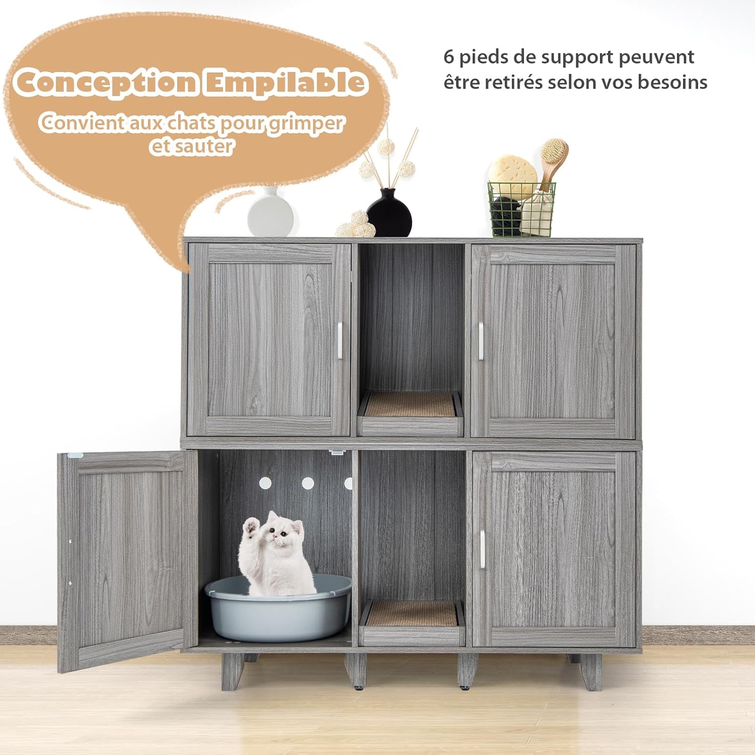 Caixa de Areia para Gatos 3 em 1, Móvel para Gatos com 2 Portas, Pernas Removíveis e Arranhador Removível Placa, Casa Interior para 2 Gatos - 8
