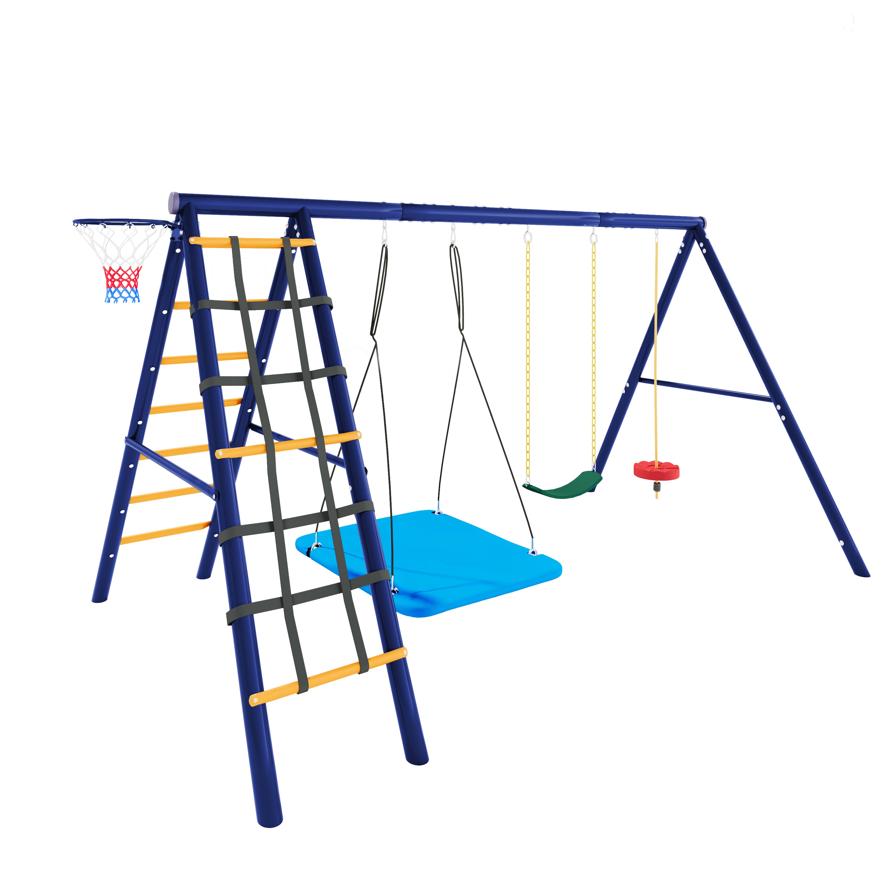 Aire de jeux Portique en acier avec 3 balançoires + portique + panier de basket - 10 x 174 x 203 cm - Bleu antique - 4