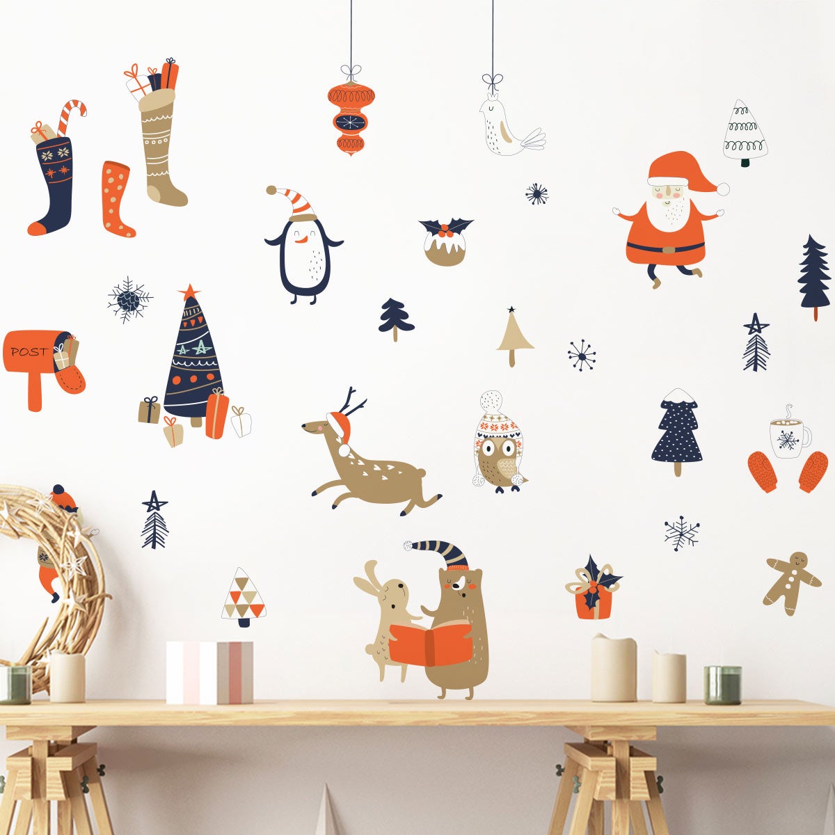 Vinilo navidad papá noel y sus animales - adhesivo de pared - revestimiento sticker mural decorativo - 90x95cm