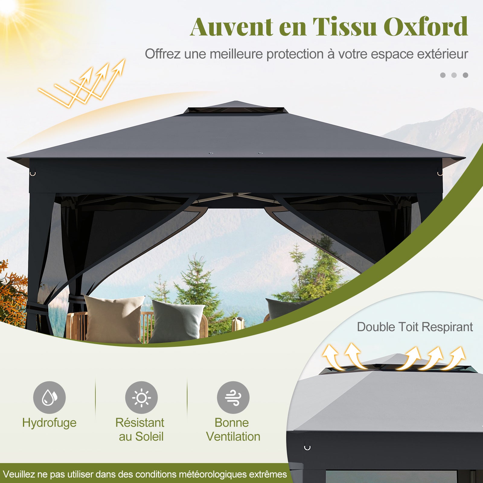 Tonnelle de Jardin 337 x 337 CM avec Filet en Maille 4 Côtés, Instantanée à Double Toit avec Sac de Transport Protection Solaire, Gris - 5
