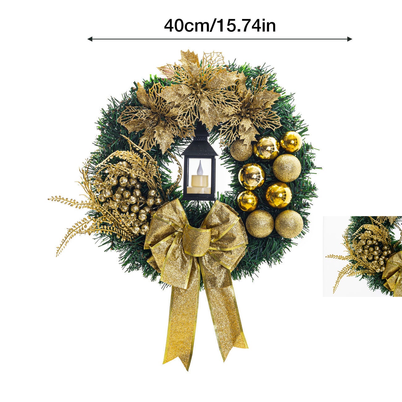 Guirlanda de natal artificial brilhante, guirlanda de natal de porta frontal de 40cm, decorações de natal para portas e janelas de festa de natal - 4