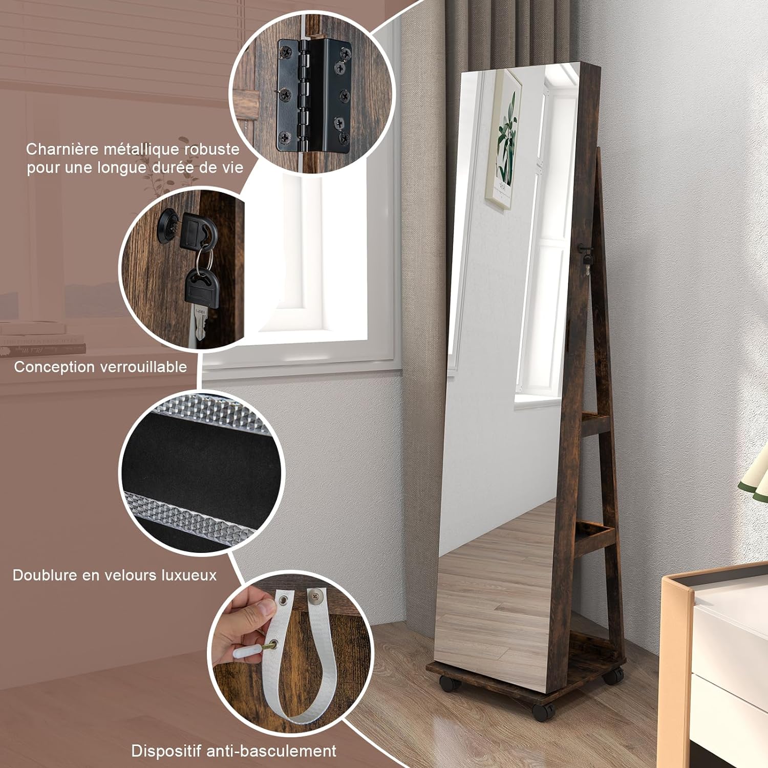 Armoire à Bijoux Mobile avec Miroir Pleine Longueur-avec Serrure-Lumières Led 3 Couleurs-Miroir de Courtoisie Intégré Café - 7