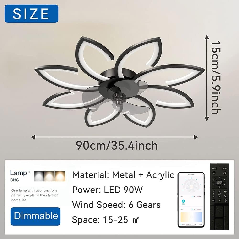 Ventilateur de plafond avec lumières, plafonnier LED à intensité variable 3 couleurs, télécommande et application, 6 vitesses, minuterie, 90 cm - 4