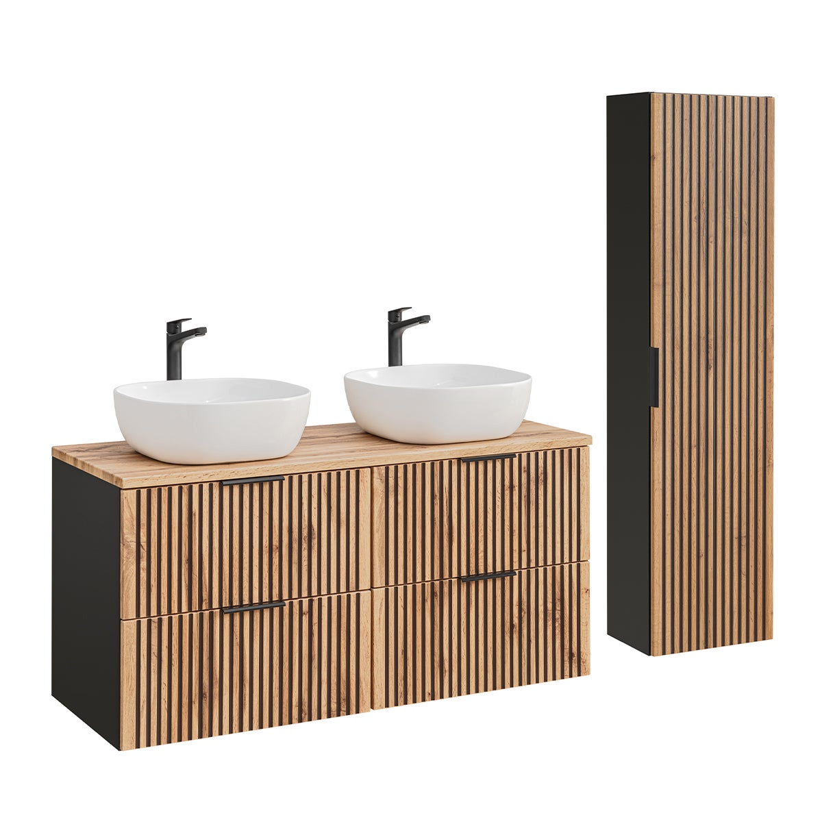 Conjunto mueble doble lavabo 120 cm y columna gaia madera