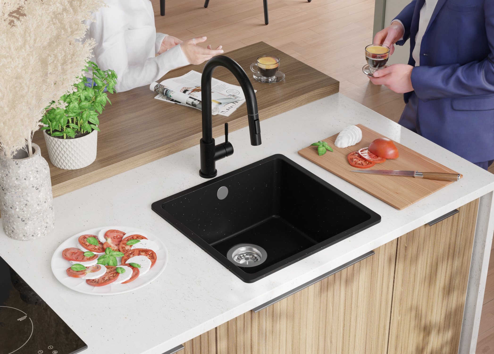 Evier Cuisine en Granit Noir Métallisé 46x44cm, Lavabo 1 bac + Kit de Vidage, Évier à Encastrer au meuble 50cm - Venise Slim Easy PRIMAGRAN - 4