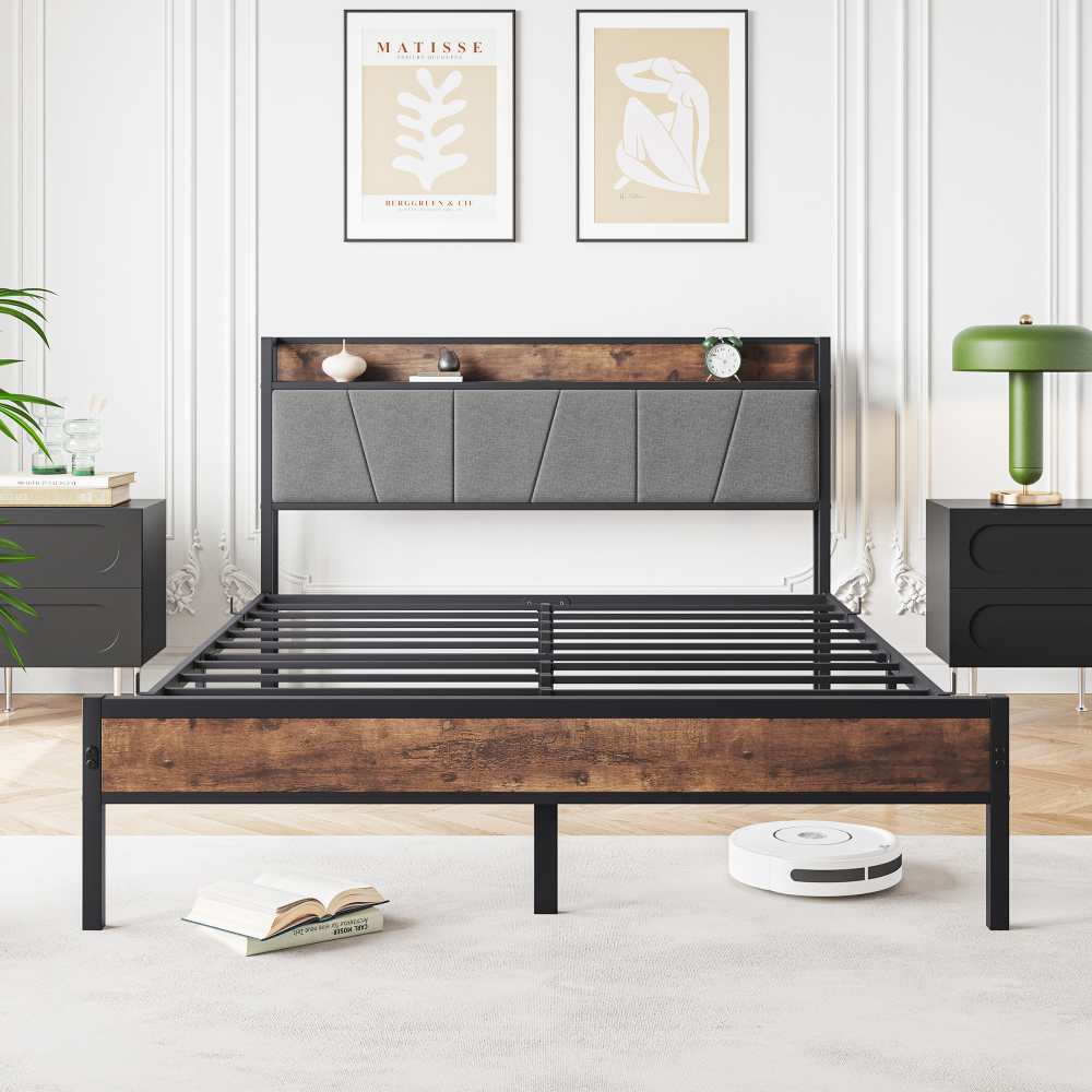Rama łóżka 140×200 cm z inteligentnymi diodami LED, schowkiem i portami USB – solidna metalowa konstrukcja, cicha praca i łatwy montaż - 6