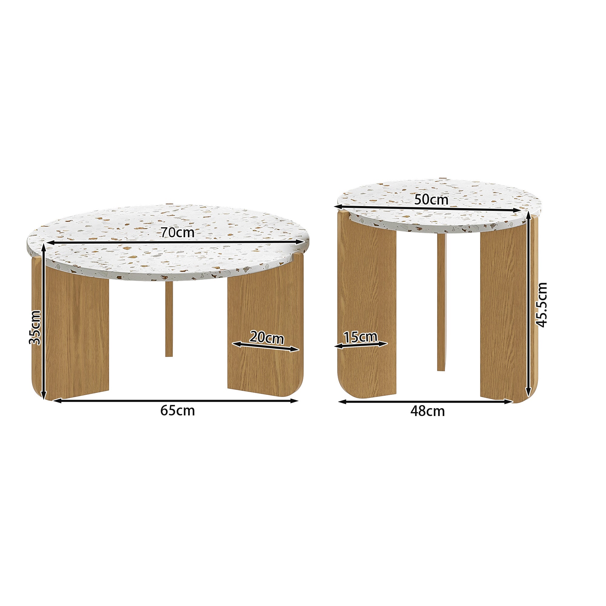 Tables Basses Gigogne Ronde lot de 2, Design Scandinave - Plateau Terrazzo & Pieds en Bois,Table d'appoint pour Petits Espaces,MDF+Naturelle - 5