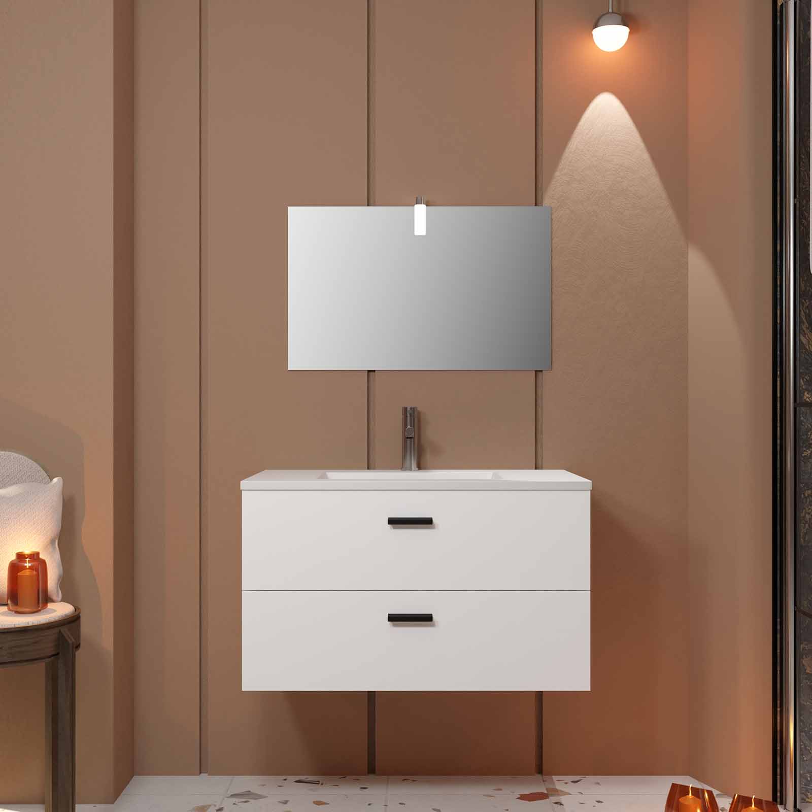 Mueble baño 80 cm blanco 2 cajones + lavabo + espejo + led