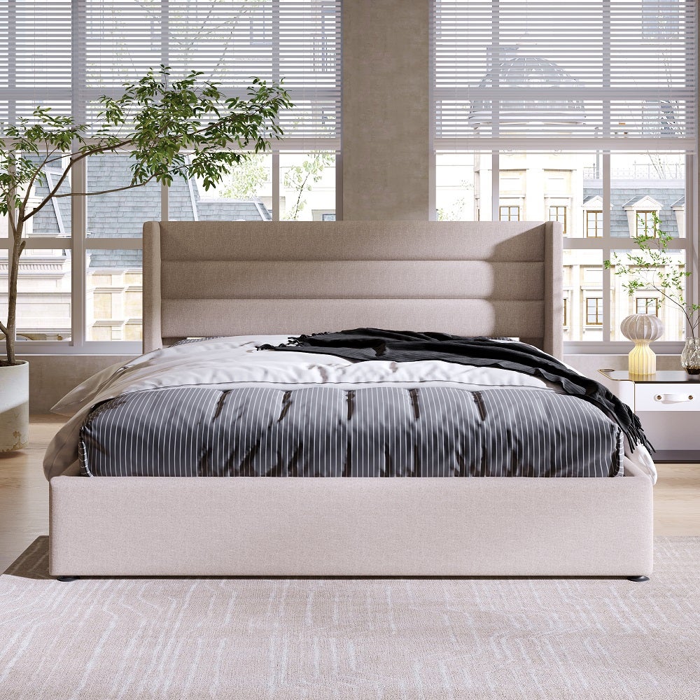 Lit coffre Lit de rangement Cadre de lit Plateforme capitonné Sommier à lattes en bois Lit 180x200 cm en Lin Blanc cassé - 5
