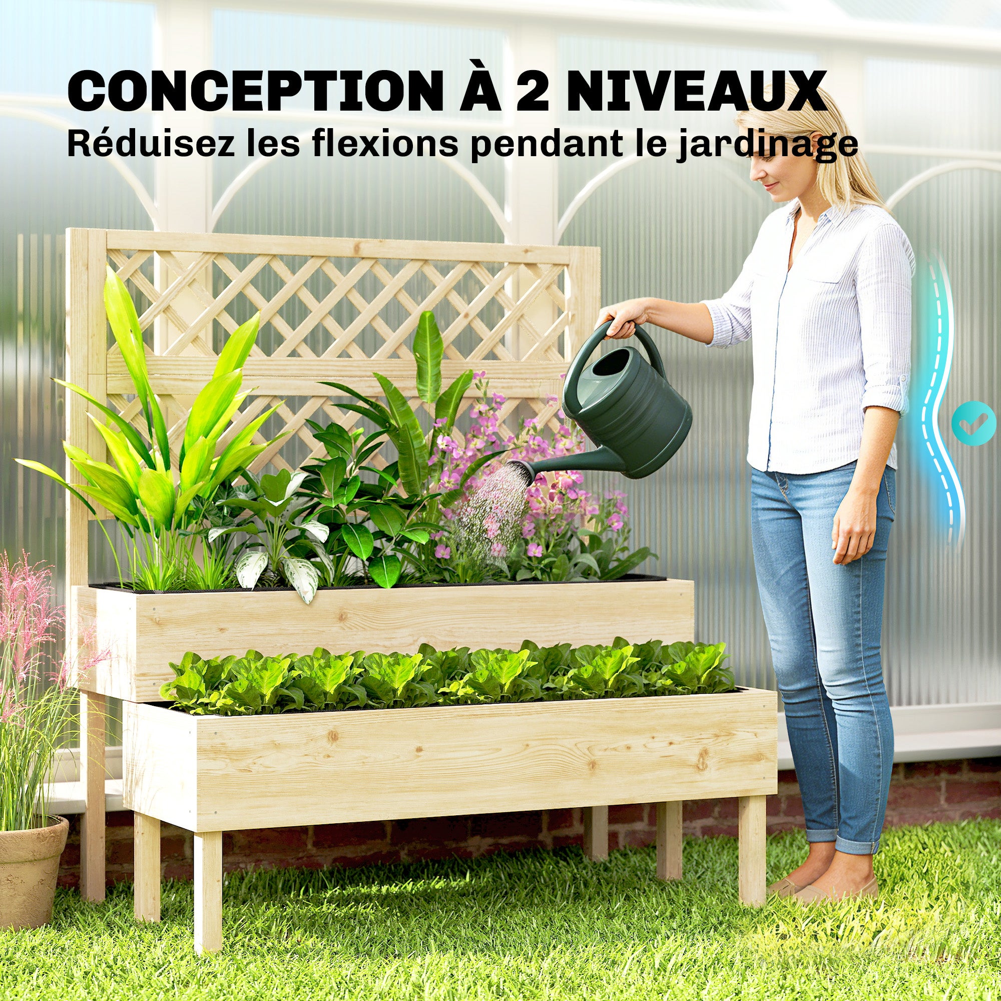 Jardinière surélevée à 2 niveaux avec treillis, jardinière intégrée, revêtement en tissu non tissé, 108 x 62 x 120 cm, effet naturel - 7