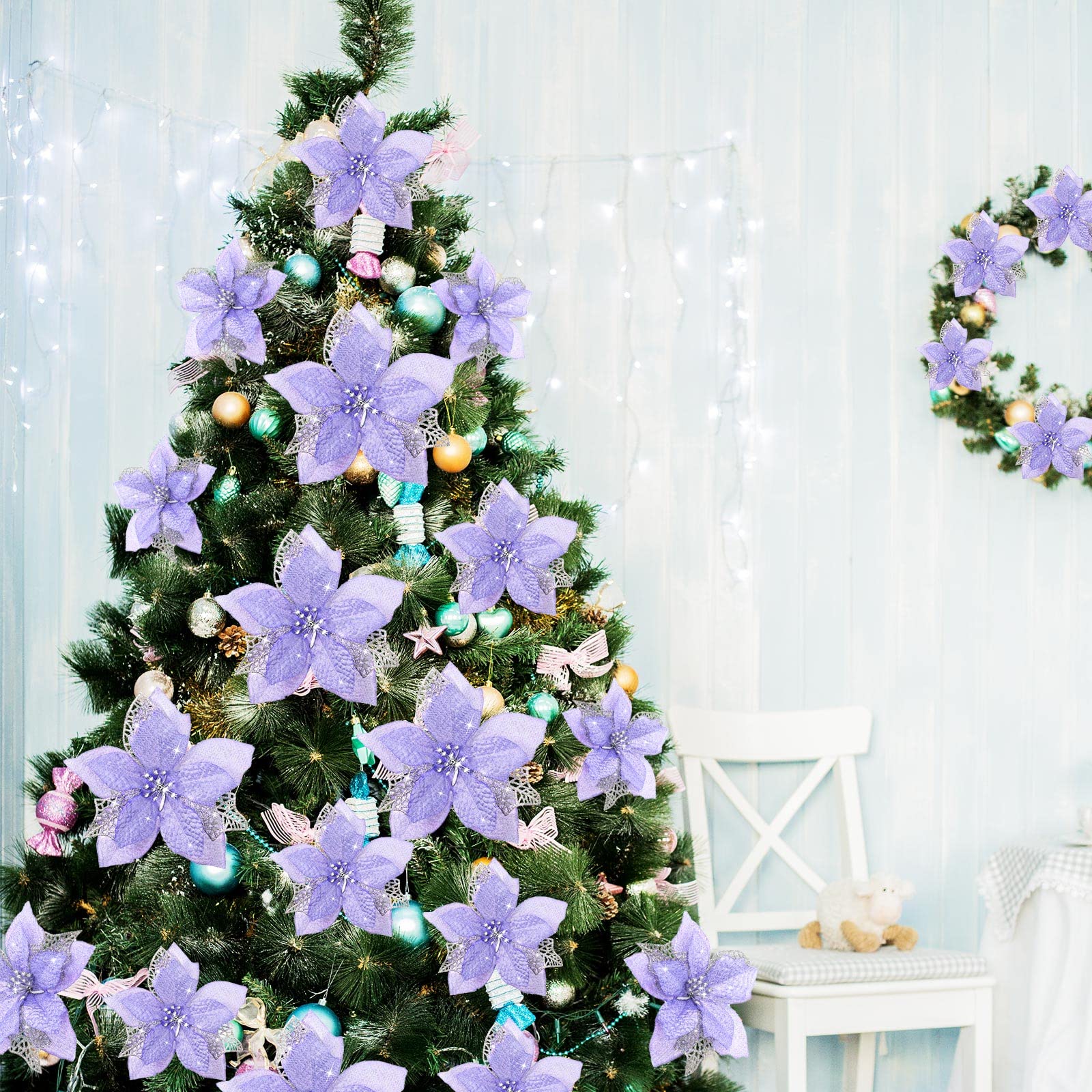 Lot de 10 décorations de Noël, fleurs artificielles scintillantes avec clips, décorations pour sapin de Noël, pendentifs de fleurs artificielles - 3