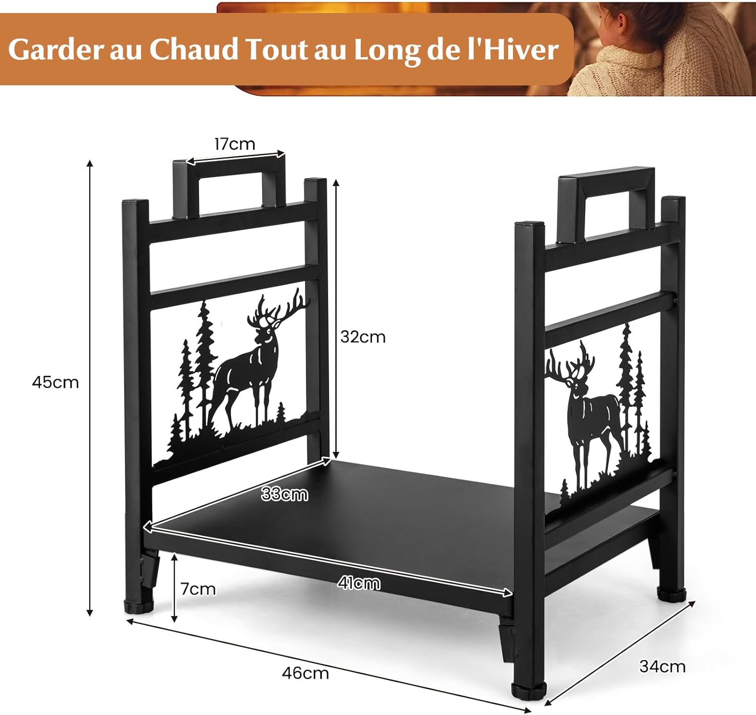 Range Buches Cheminée en Métal, Base Surélevée et Pieds Réglables, Porte-Bûches avec Motifs d’Élan, 46X34X45 CM - 2