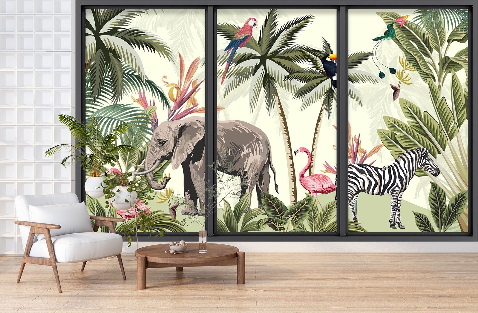 Papier peint panoramique Trompe l'oeil baie vitrée - Enfants - Animaux de la jungle - Largeur 325 cm x Hauteur 195 cm - 3