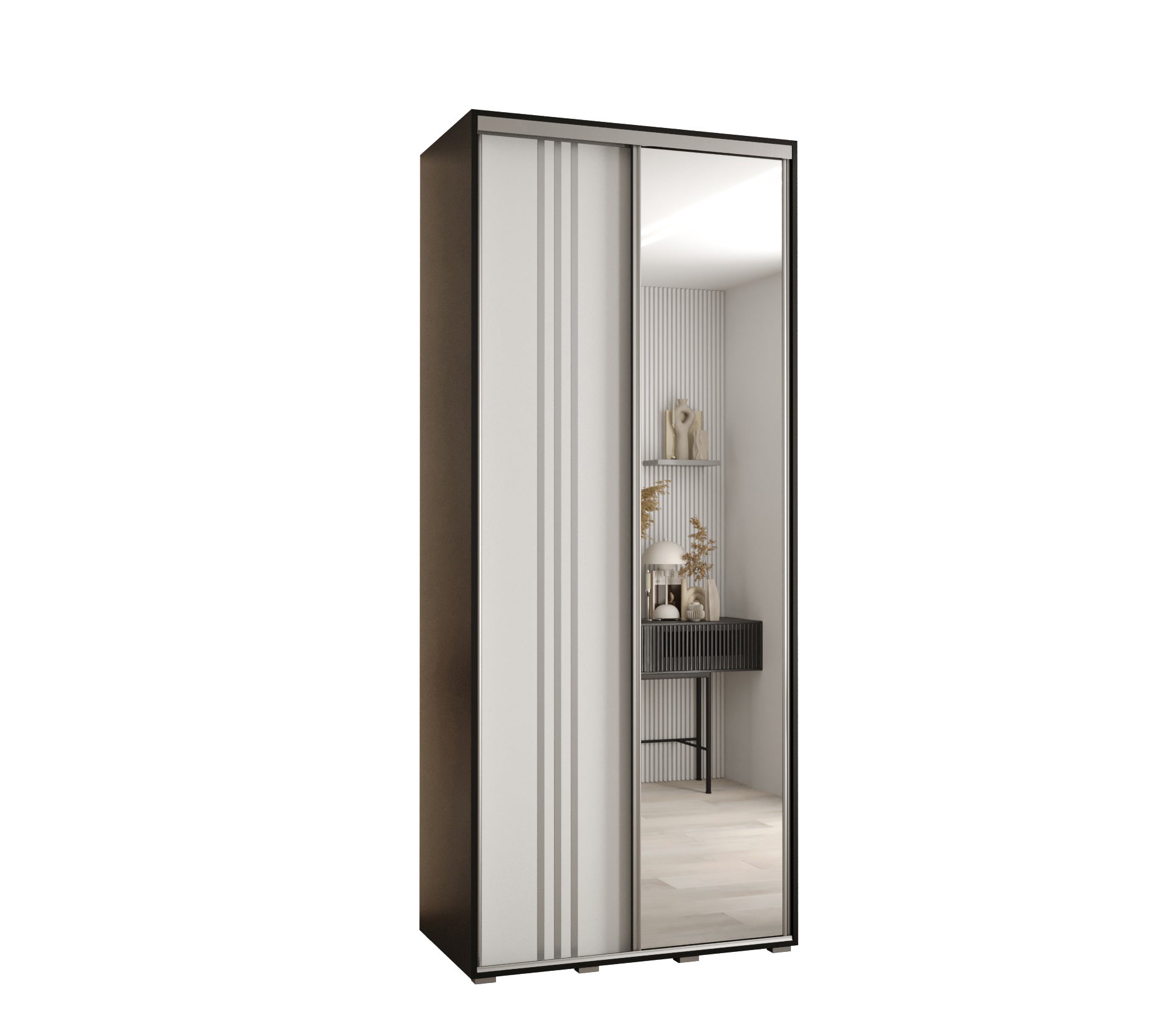 Szafa przesuwna z lustrem wysoka Davos 7 120 x 60 x 235,2 cm czarny + biały + u. srebrny - Abiks Meble