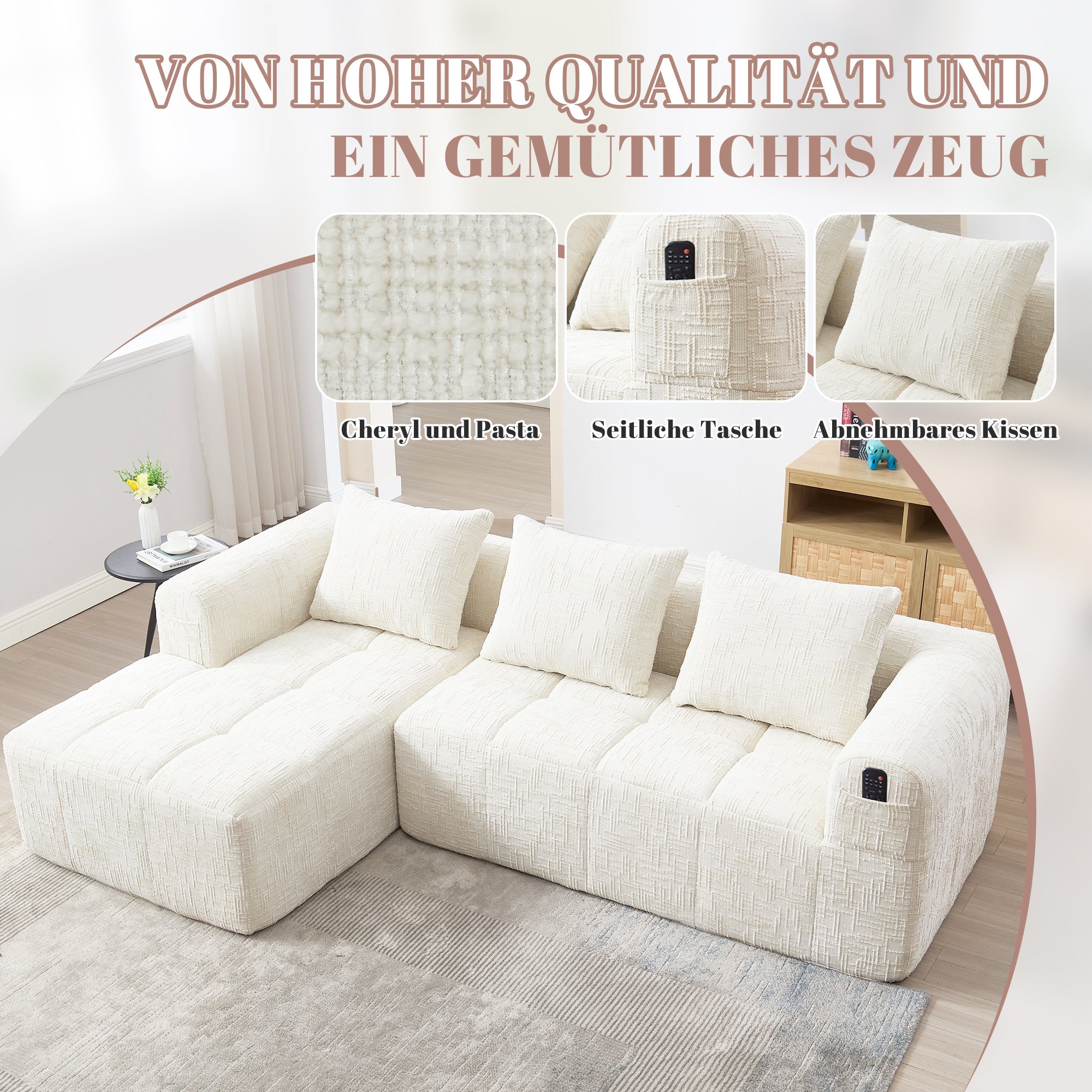 Canapé d'angle 3 places - Style moderne en chenille avec chauffeuse 3 coussins et poche pour télécommande beige - 7