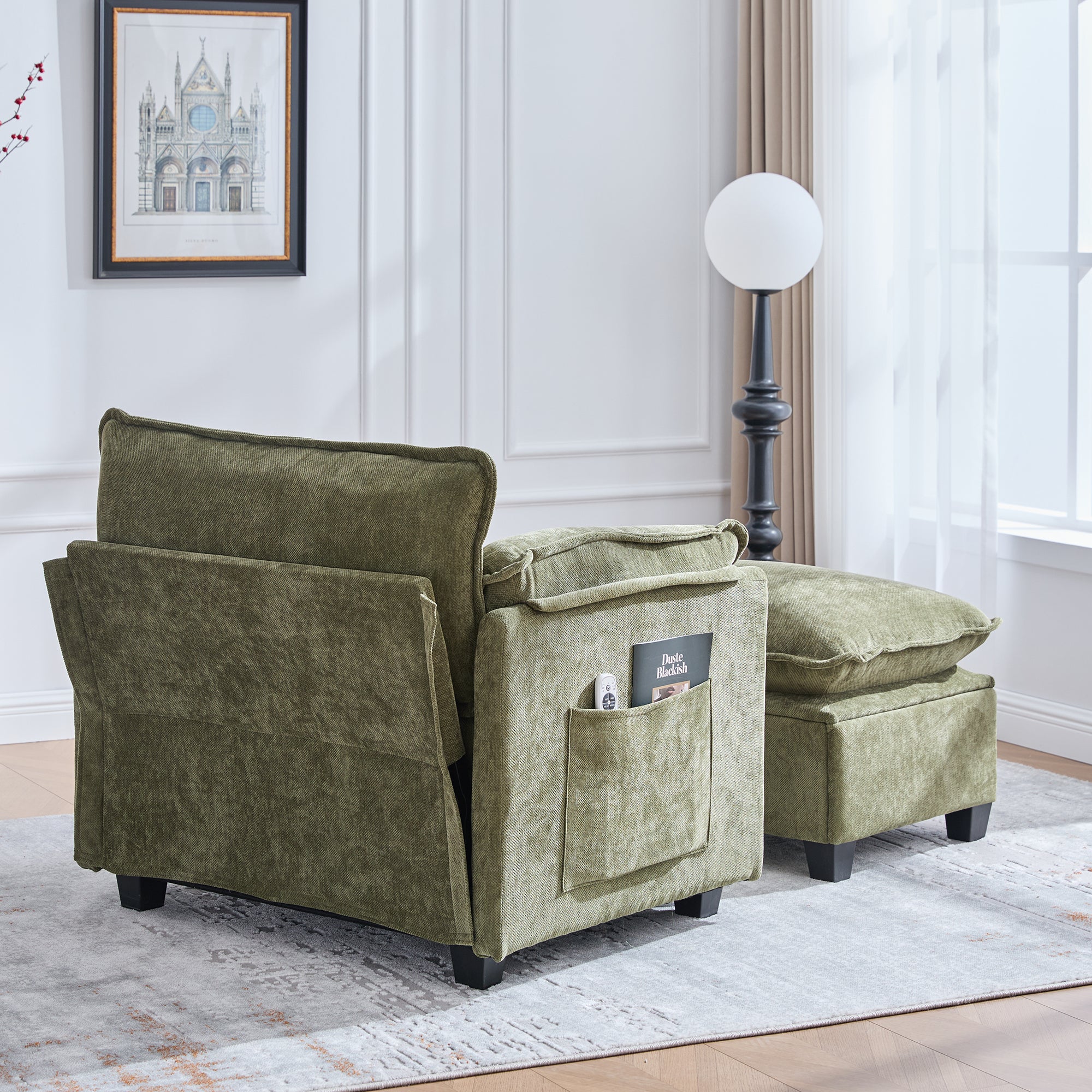 Fauteuil Relax , 3 Places Avec Coussins Et Accoudoirs À Poches Revêtement Chenille Vert - 3