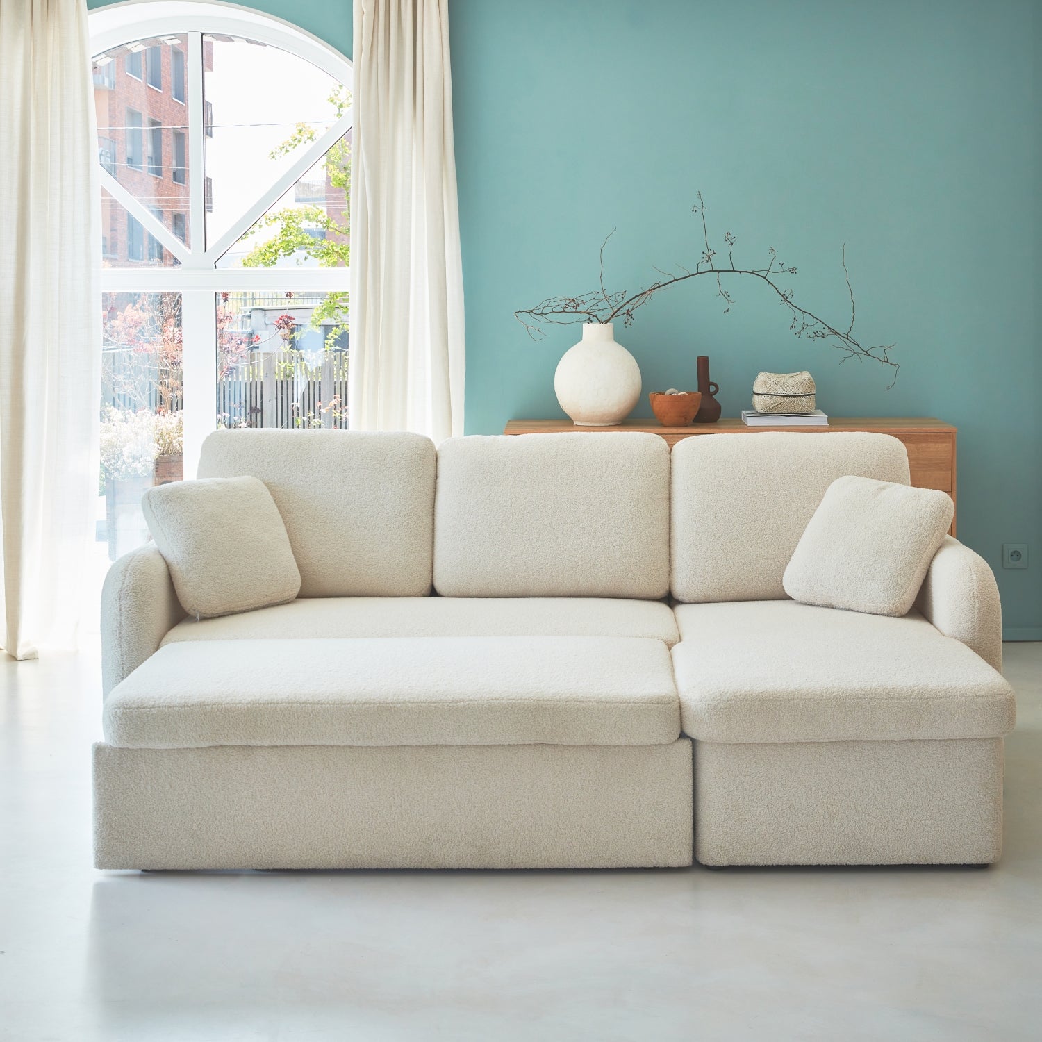 Canapé d'angle convertible en tissu bouclettes crème - Milano - 3 places. fauteuil d'angle réversible coffre rangement lit modulable - 9