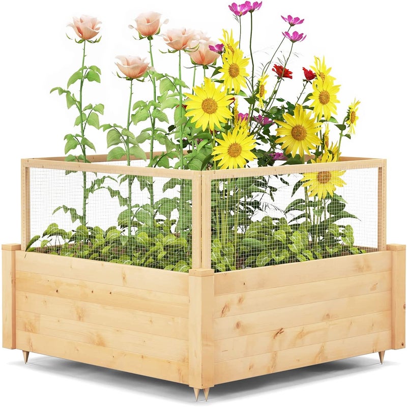 Podwyższona grządka z ogrodzeniem, skrzynka na rośliny z drewna z 4-stronnym ogrodzeniem ochronnym i 9 powierzchniami na rośliny, 107 x 107 x 70