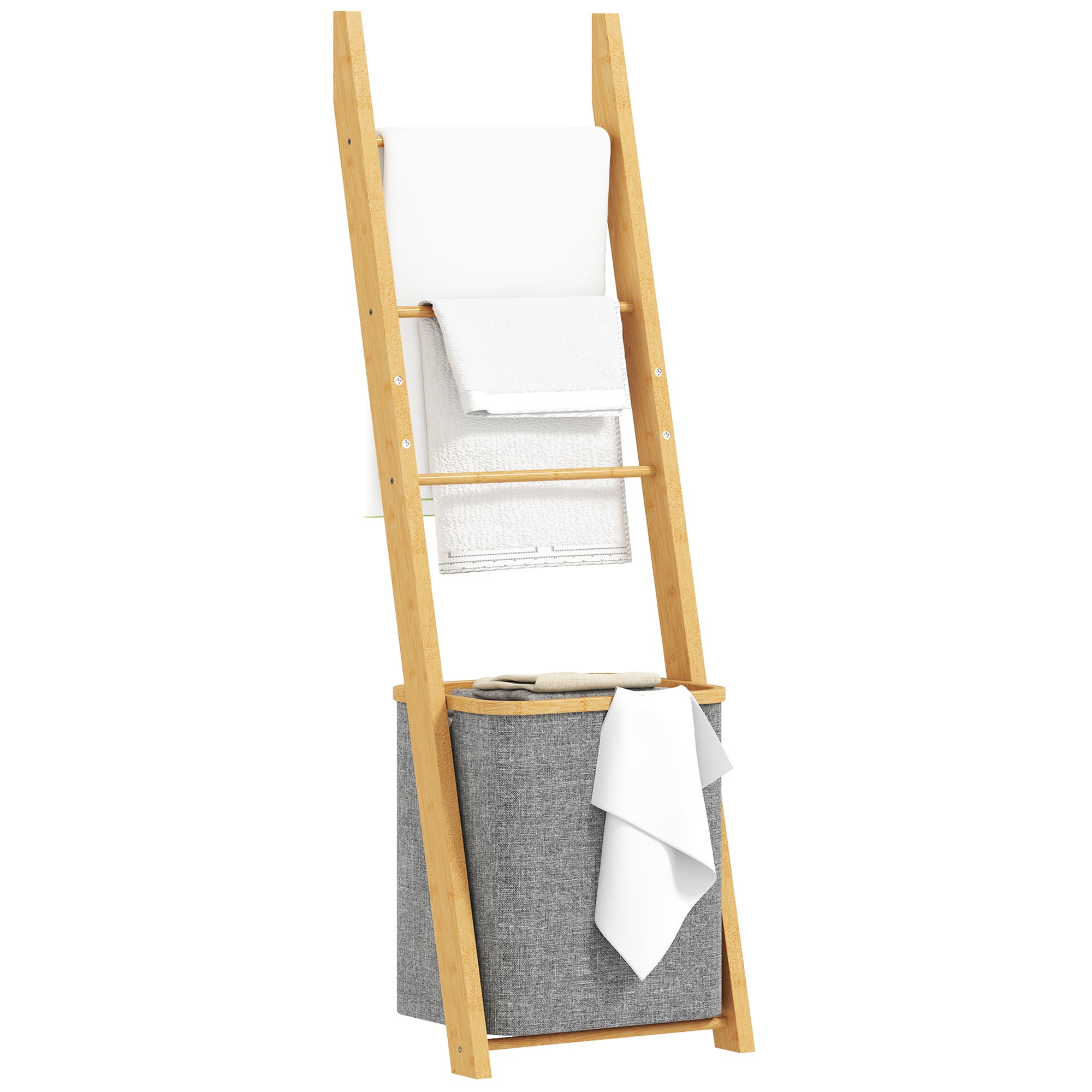 Toallero de suelo para baño de bambú con 3 barras horizontales y cesto de ropa extraíble, color gris