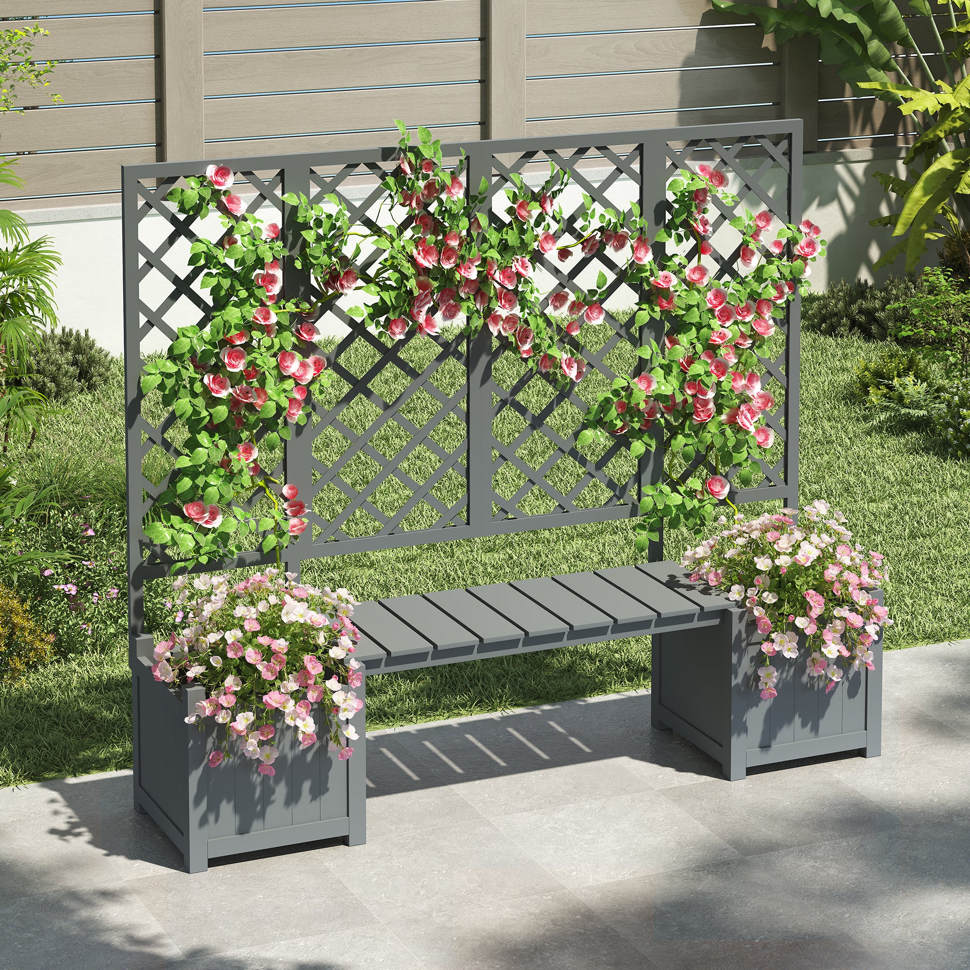 Conjunto de Jardinagem: Canteiros de Cultivo Elevados, Vasos de Madeira, Banco de Terraço com Malha e Floreiras - 4