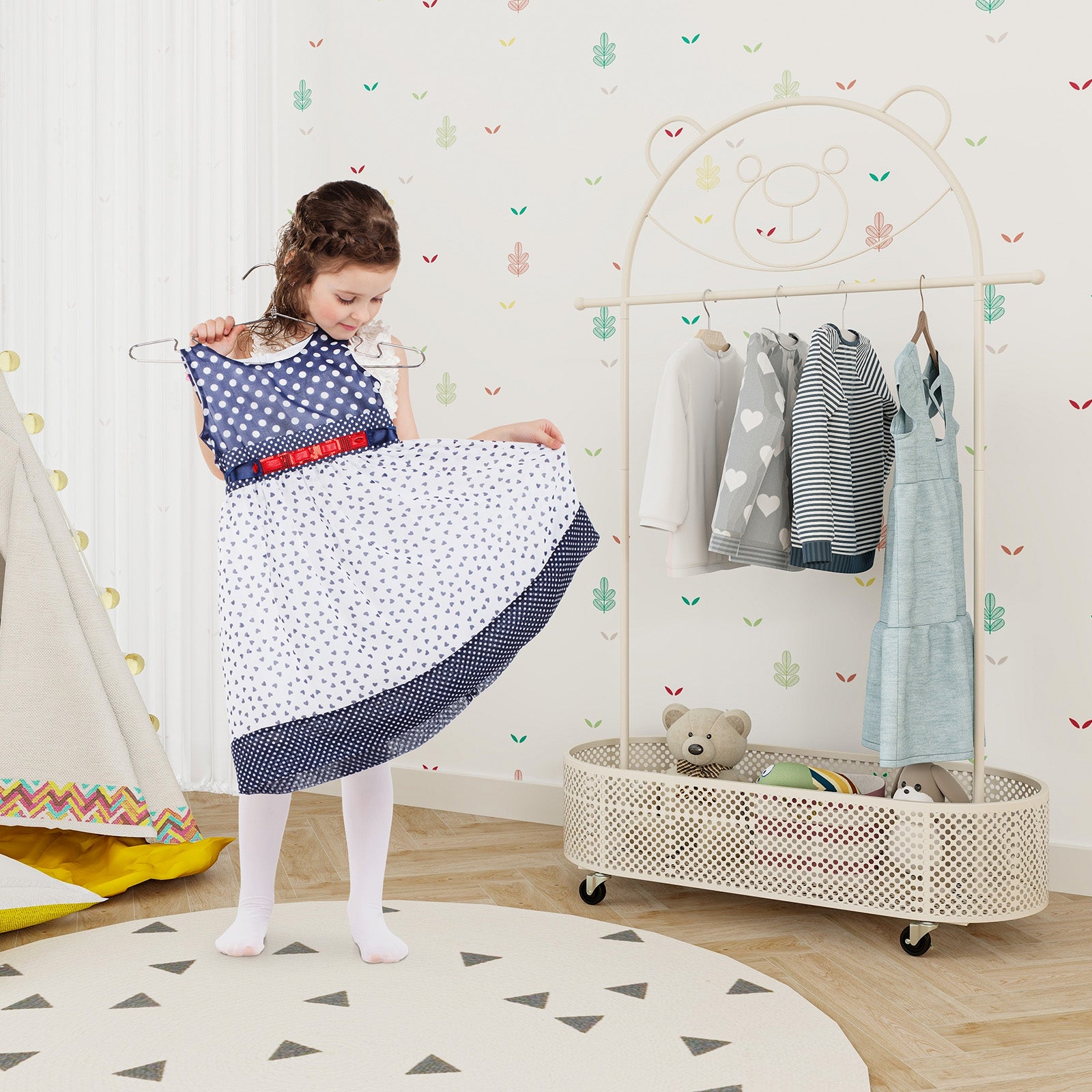 Portant à Vêtements Enfant en Forme d'Ours avec 3 Hauteurs Réglables, Garde-Robe Enfant en Métal avec Panier Inférieur Chambre d'enfant, Beige - 8