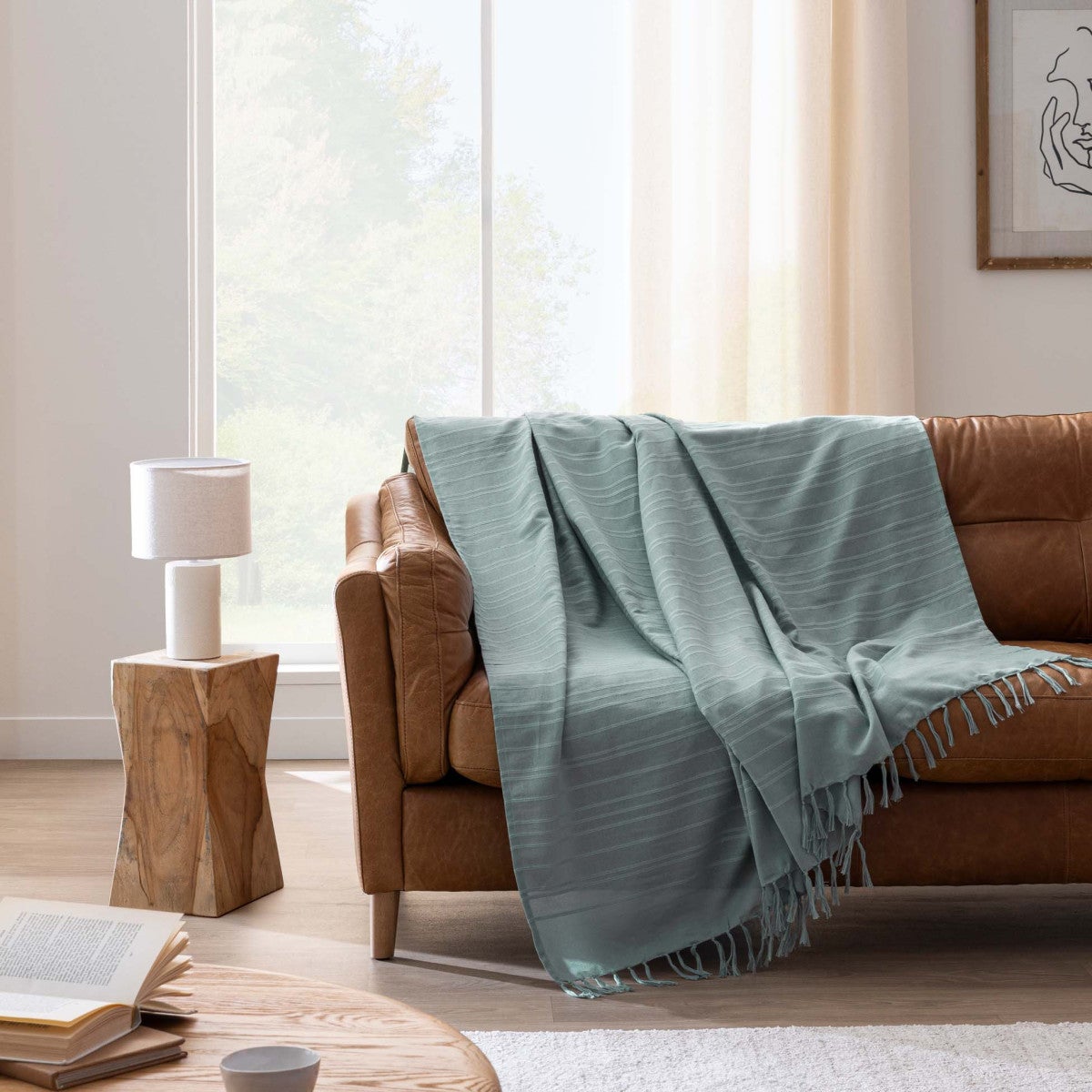 Plaid LILIA 180 x 220 cm – 100 % coton – Plaid à franges sauge - 4