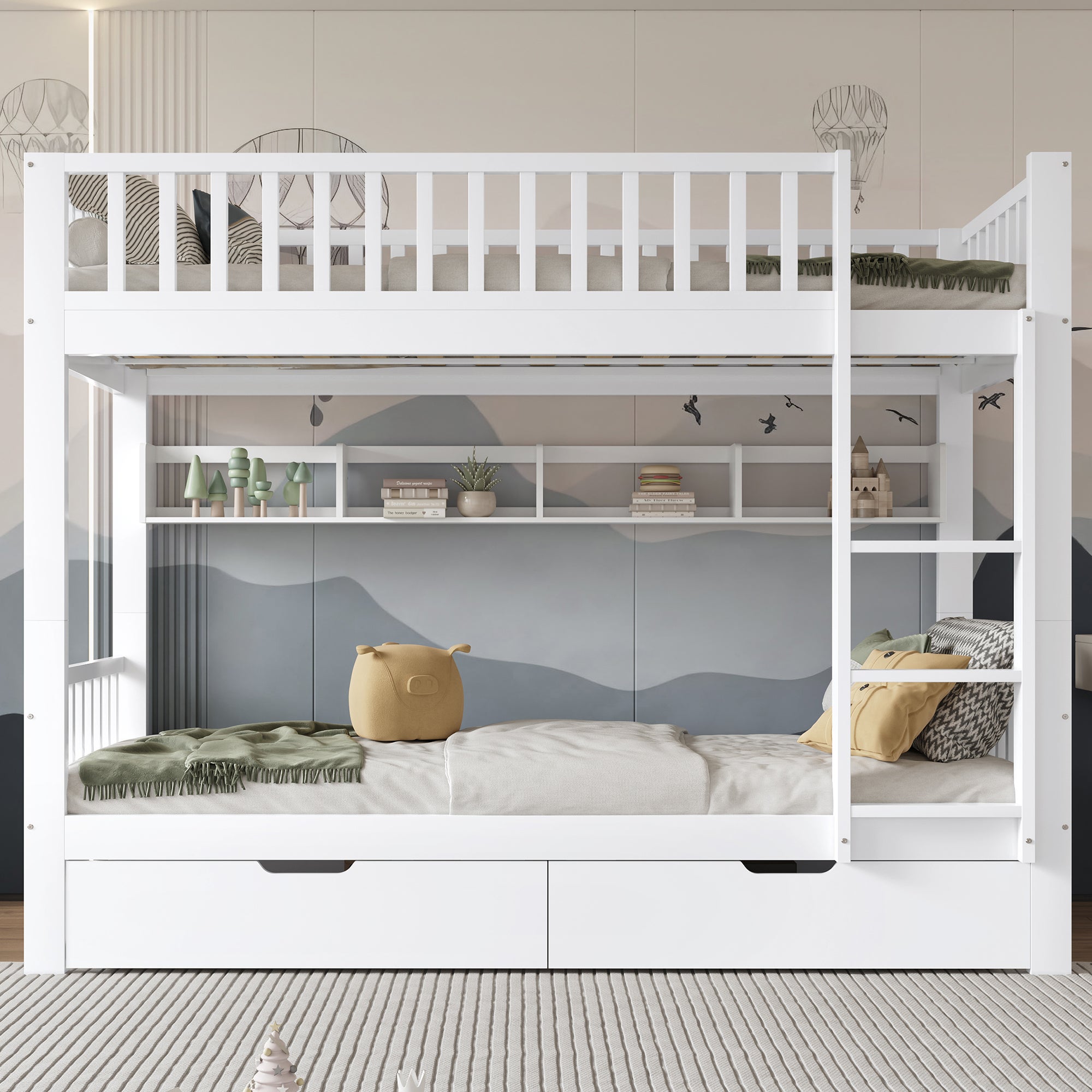 Letto a soppalco con scala di sicurezza, spazio di archiviazione e piccolo armadio, scaffali, design a recinzione, letto singolo, letto per ragazzi (nero, 90 x 200 cm