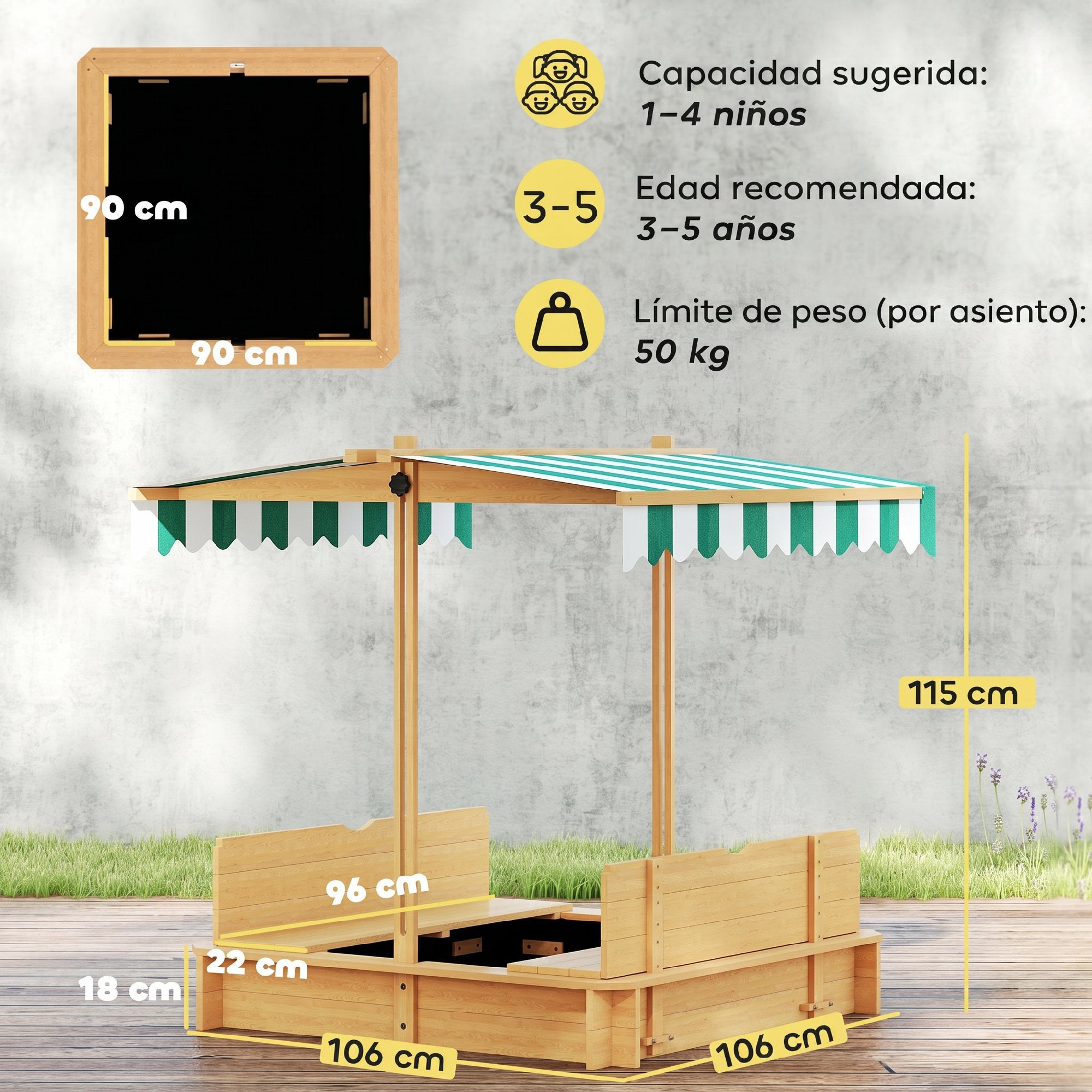 Caixa de Areia para Crianças Outsunny Madeira de abeto e Poliéster Natural, verde e branco 106x106x121cm - 3