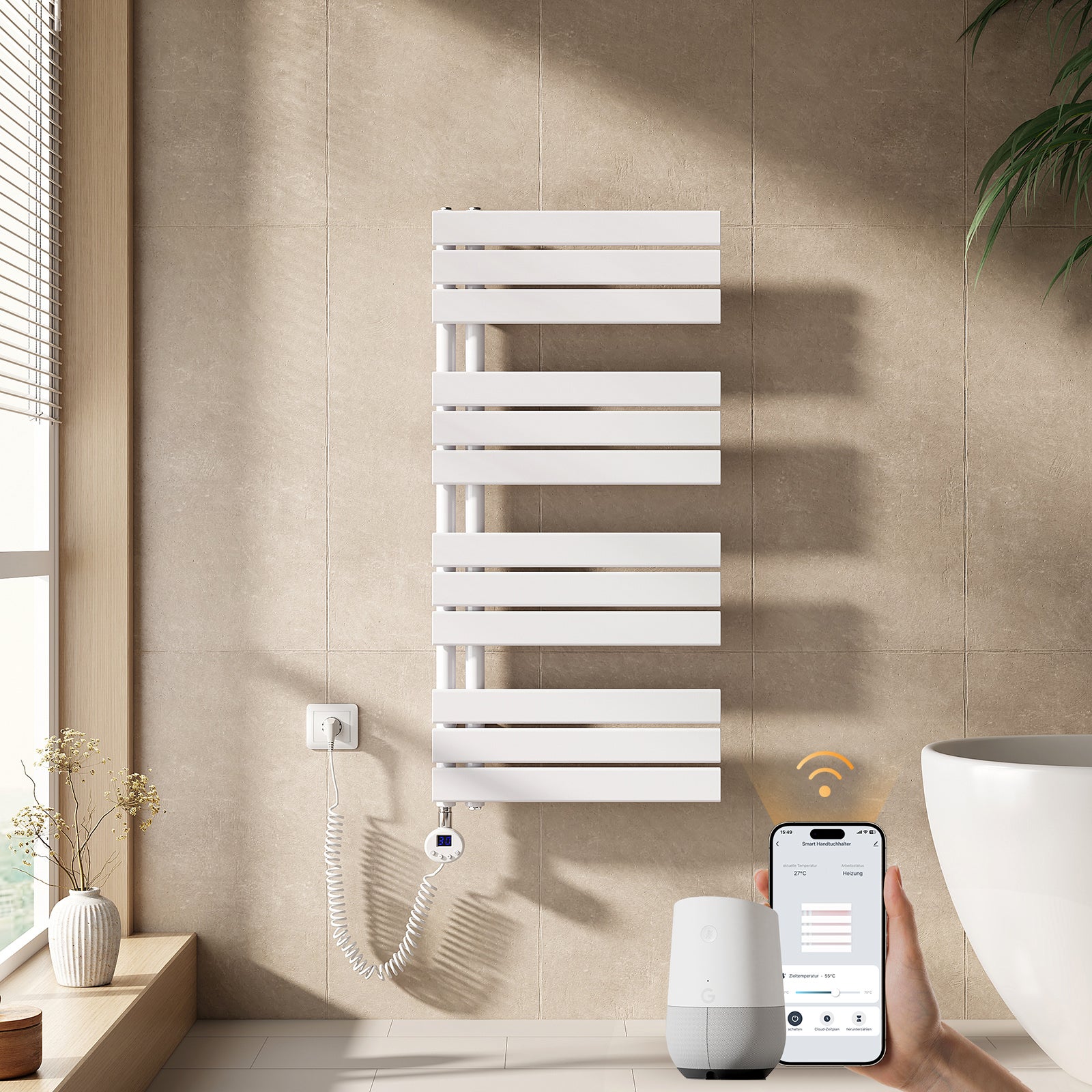 EMKE Grzejnik elektryczny łazienkowy 104x50cm - Inteligentne Sterowanie z Programatorem Tygodniowym w Aplikacji - 600W - Biały