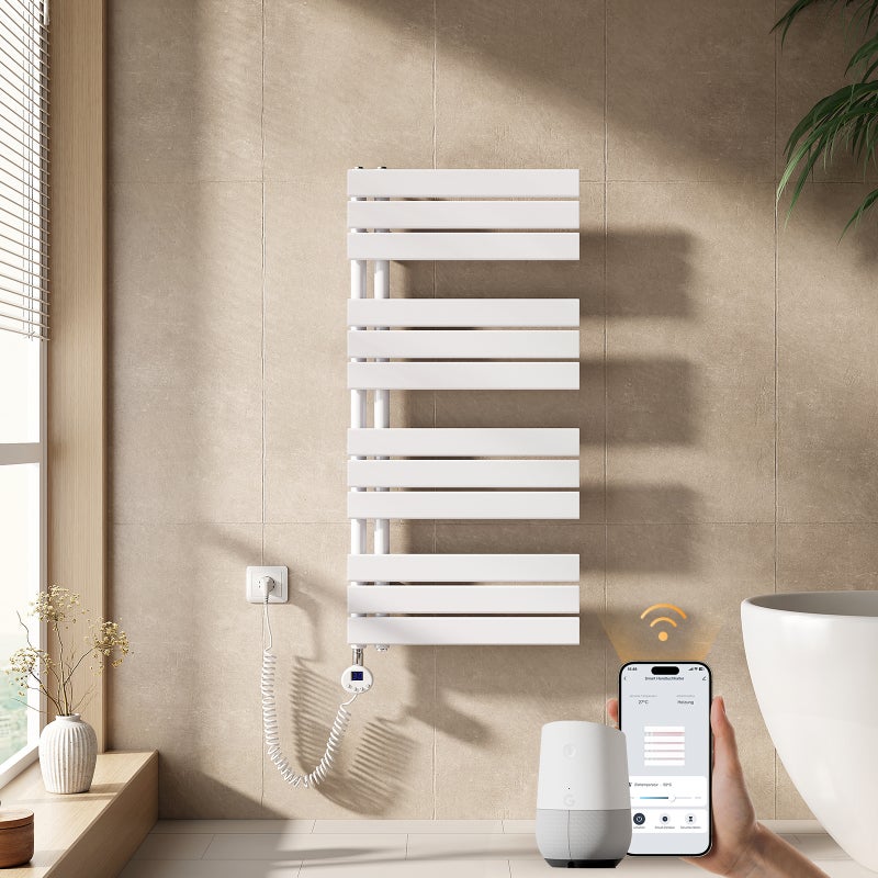 EMKE Grzejnik elektryczny łazienkowy 104x50cm - Inteligentne Sterowanie z Programatorem Tygodniowym w Aplikacji - 600W - Biały