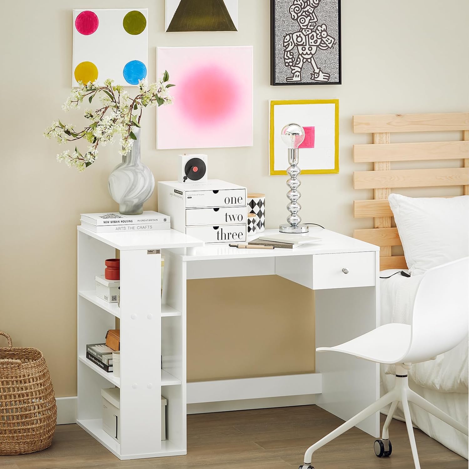 SoBuy FWT35-W Table Bureau Informatique Plan de Travail avec 3 étagères et 1 tiroir - Blanc - 2