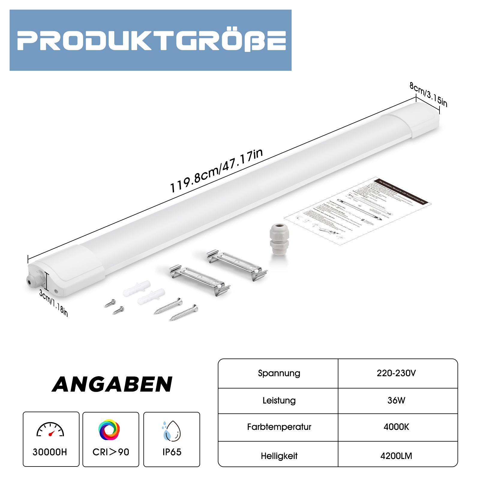 LOVHAUS 3 Sztuki Oprawa Garażowa LED Wodoszczelna 120CM IP65, Oprawa LED 36W 3700LM, Rurka LED 4000K Biały Neutralny Do Piwnicy Biura Fabryki - 3
