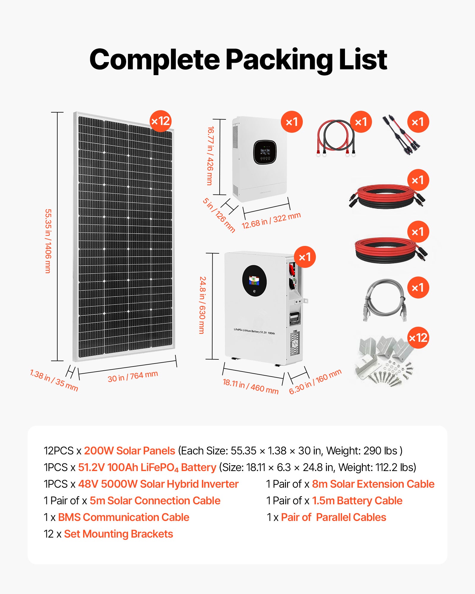 Kit Solare Off-Grid Completo VEVOR 2400W 48V, con 12 Pannelli Solari Monocristallini, Batteria LiFePO₄ 51,2V 100Ah e Inverter Ibrido 48V - 7