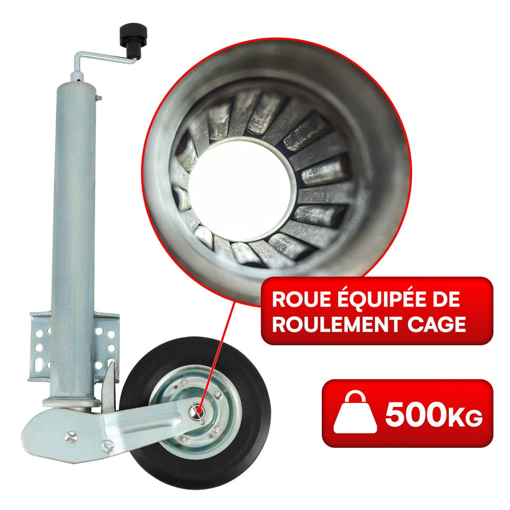 Roue Jockey - 500kg - Tube acier 60mm - Escamotable - Bride de fixation soudée multi-trous - Universelle tous types de remorques - 5