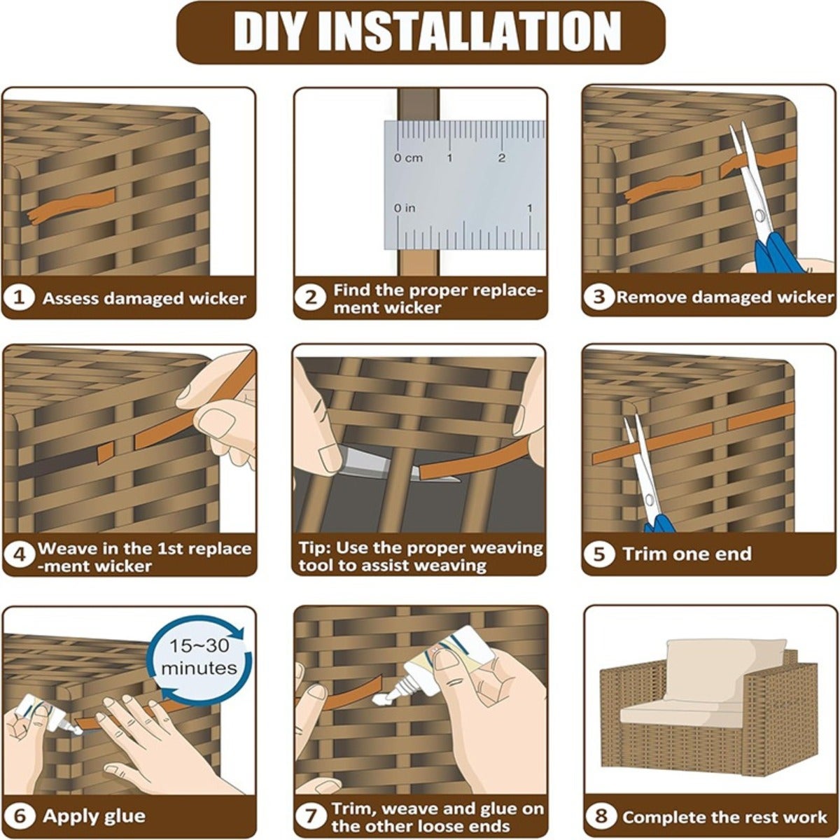Tiras de ratán plástico para reparación de muebles de patio – Kit de reparación de ratán plástico de 36,5 metros para restauración de mimbre Brown - 4