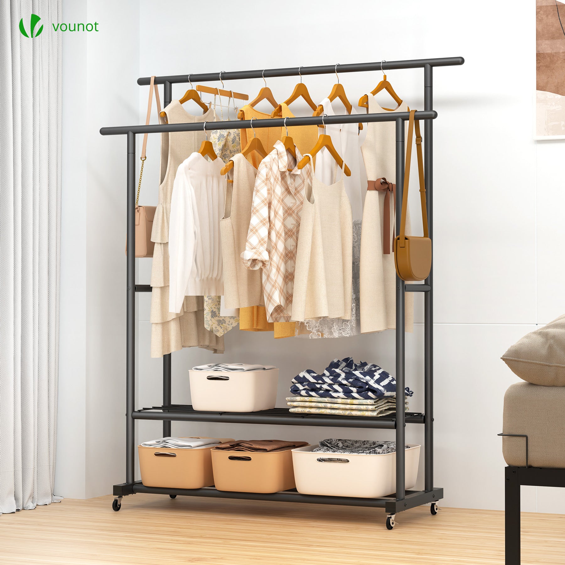 Perchero Burro Ropa Doble, Organizador de Ropa Metálico con Ruedas