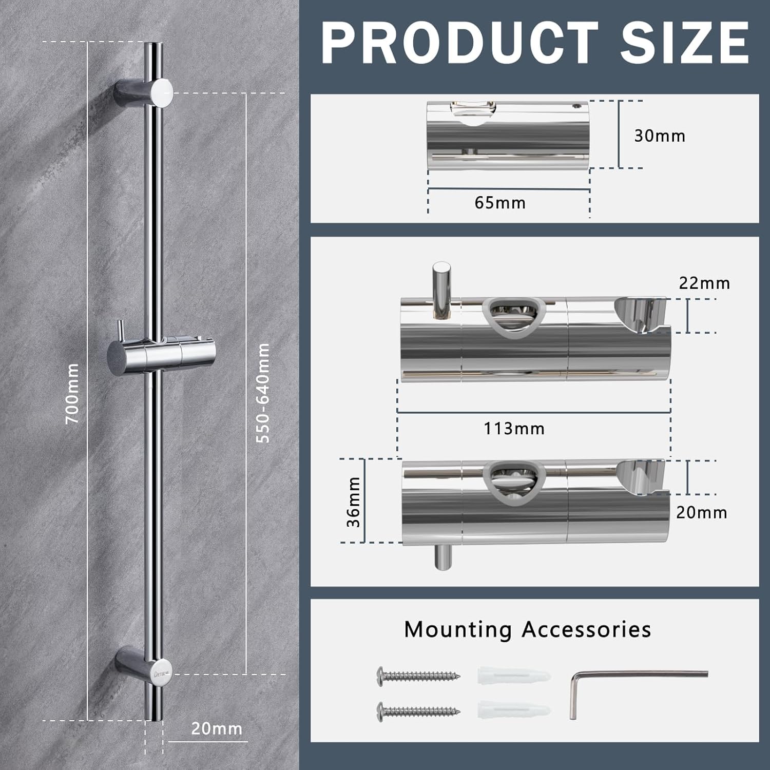 Barre de douche inox 70 cm – Support pommeau 360° – Fixations adaptables – Finition brossée élégante - 3