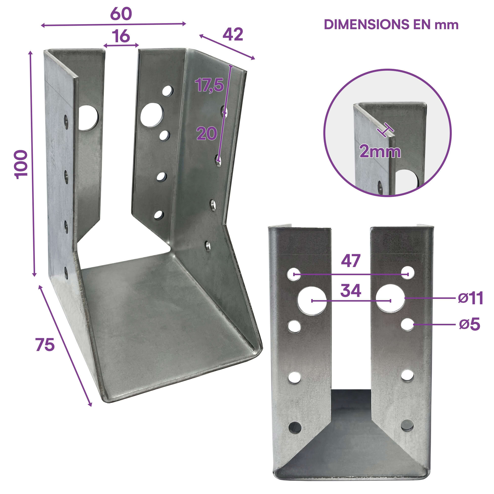 10 sabots de charpente à ailes intérieures - Larg 60 x Ht 100 mm - Connecteurs de poutres - Acier galvanisé - Fabriqué en Europe - 2