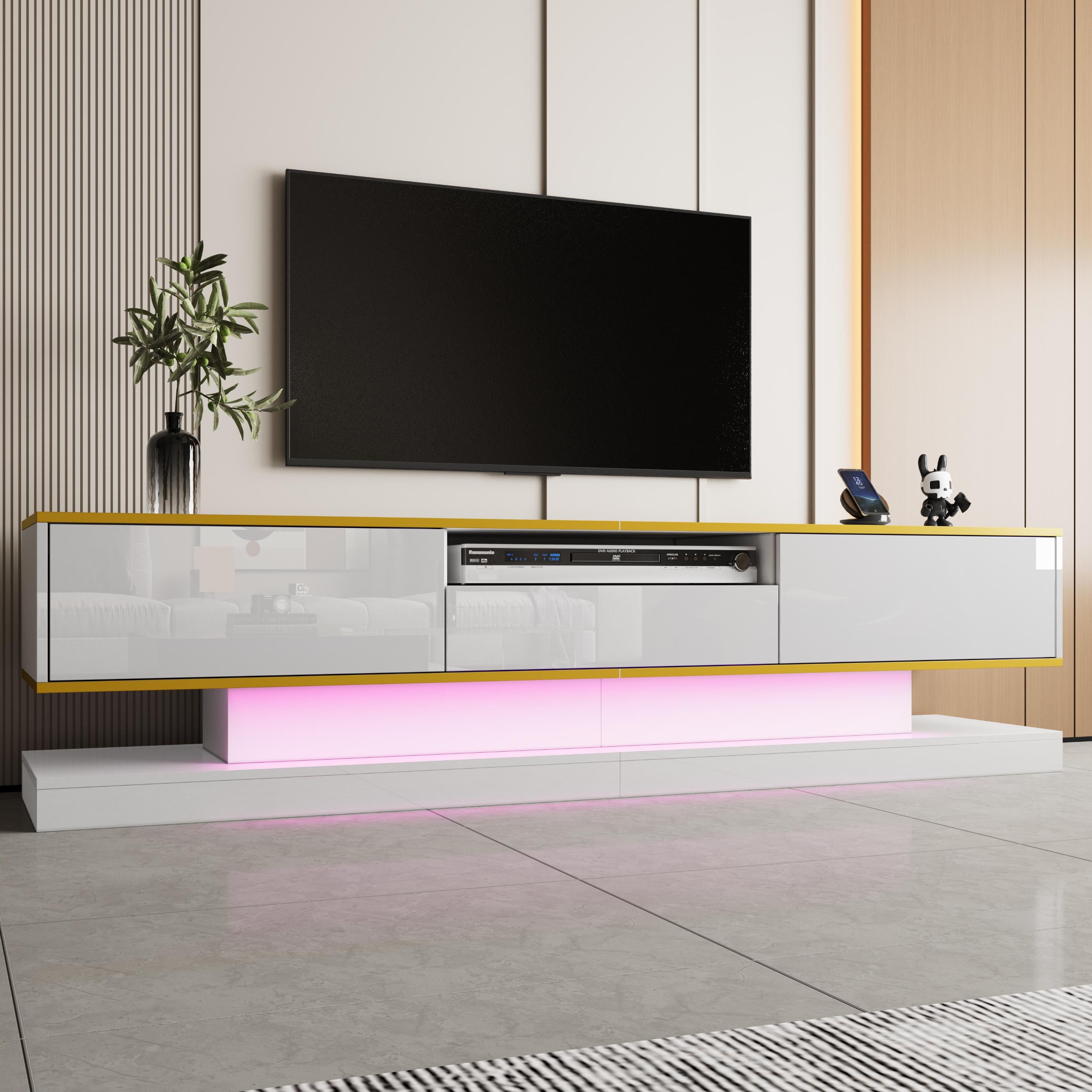 Nowoczesna szafka pod telewizor z 3 szufladami i oświetleniem LED zmieniającym kolor – lśniący design o wysokim połysku (180 x 38 x 45 cm)