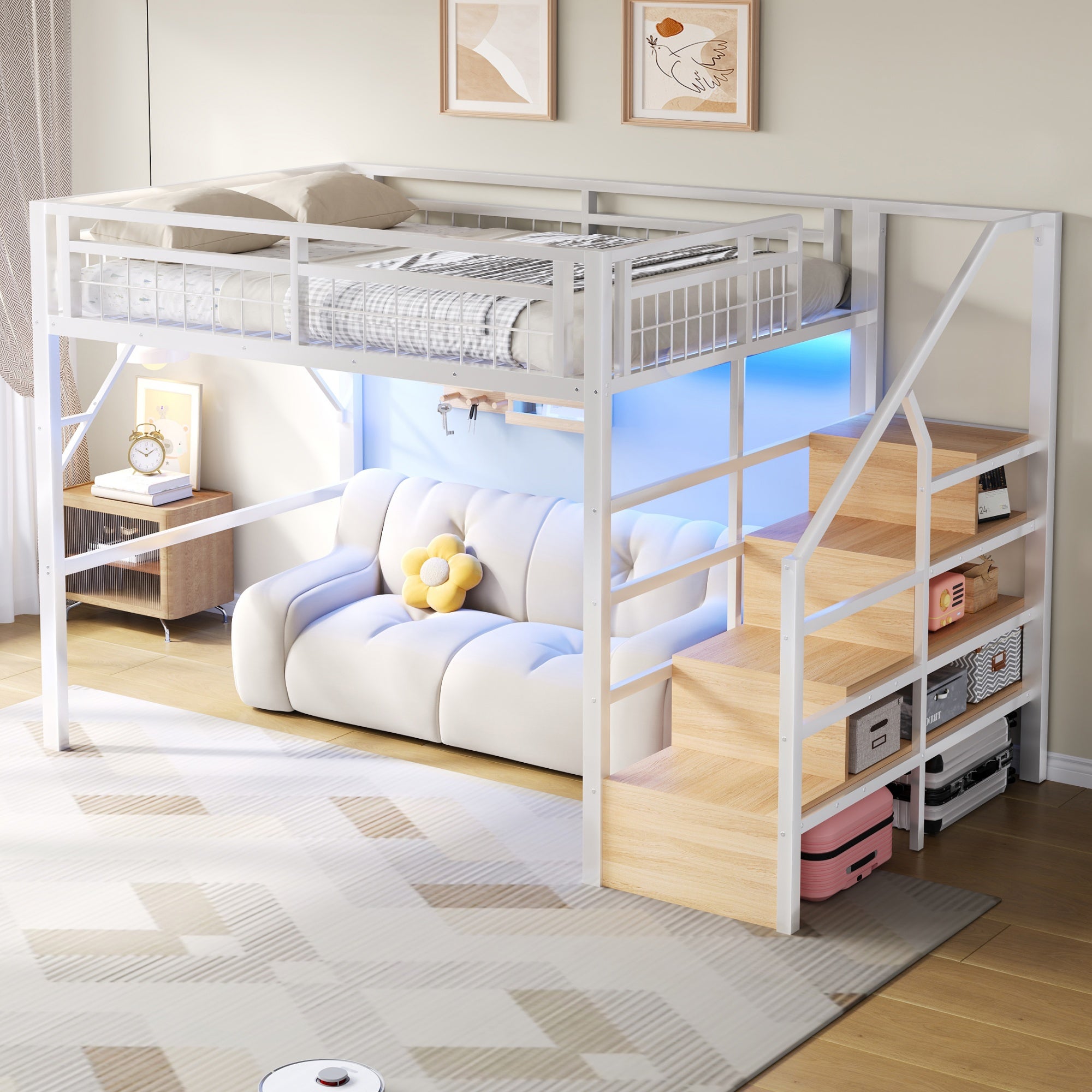 Lit mezzanine 140 x 200 cm avec éclairage LED, escalier avec rangements intégrés, espace libre modulable dessous, structure en métal robuste, blanc - 6