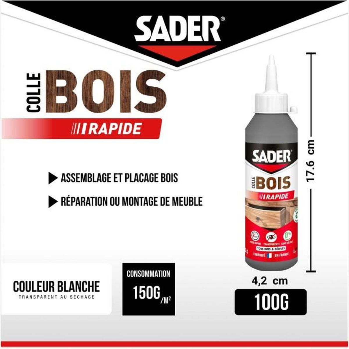 Colle vinyle bois SADER Rapid pour assemblage et placage 100 g blanche embout orientable - 2