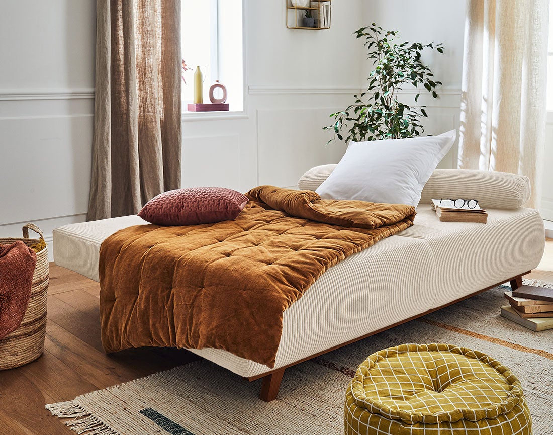 Canapé droit convertible 3 places avec coffre en velours côtelé beige - CRISTAL - Best Mobilier - 2