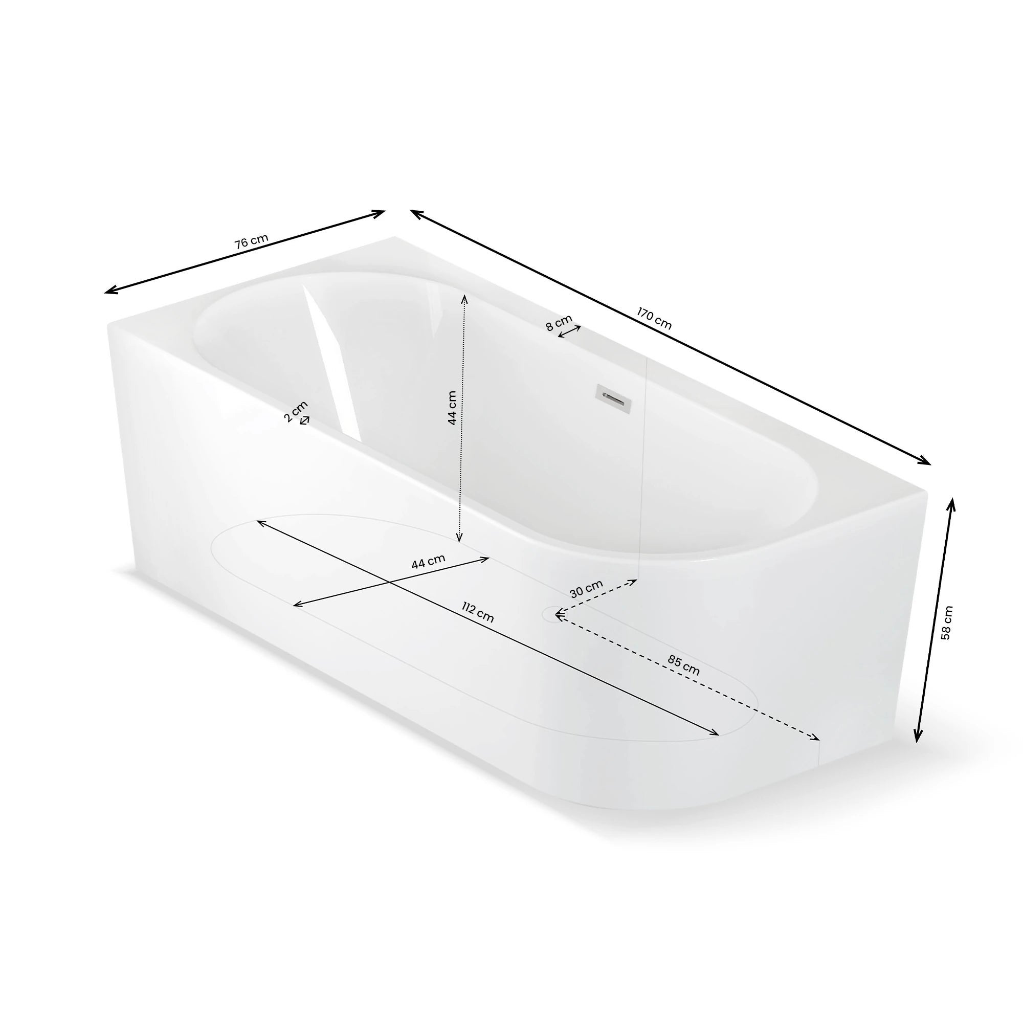 Baignoire Semi-îlot Murale D'angle Capri 170 Gauche Blanche 170 X76 X58 Cm, By Spalina - 8