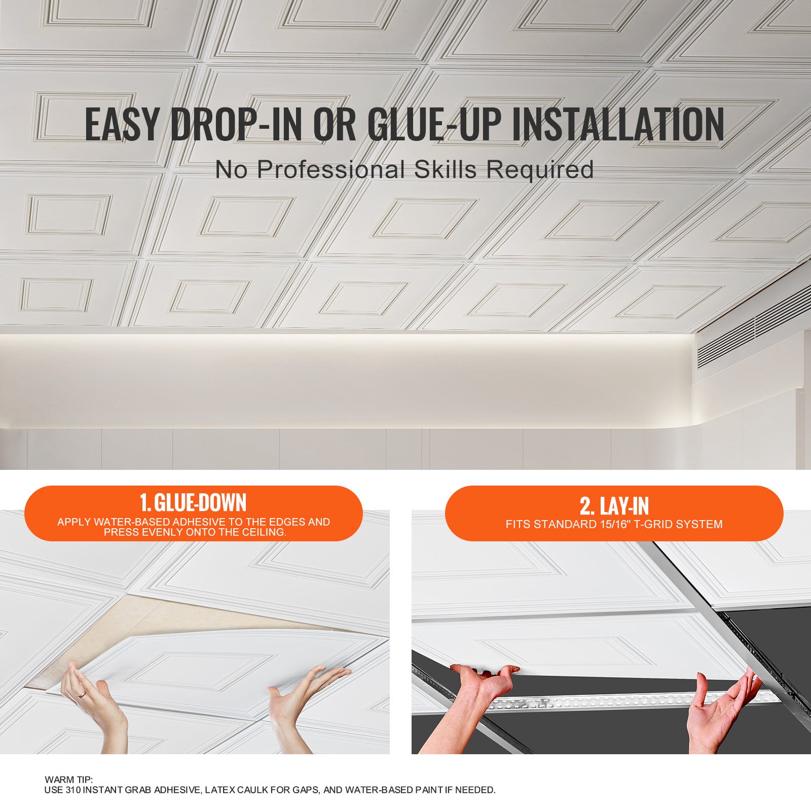 Dalles de Plafond PVC VEVOR Lot de 12, Plaques Décoratives 605 x 605 mm à Coller, Revêtement Blanc Motif 3D - 5